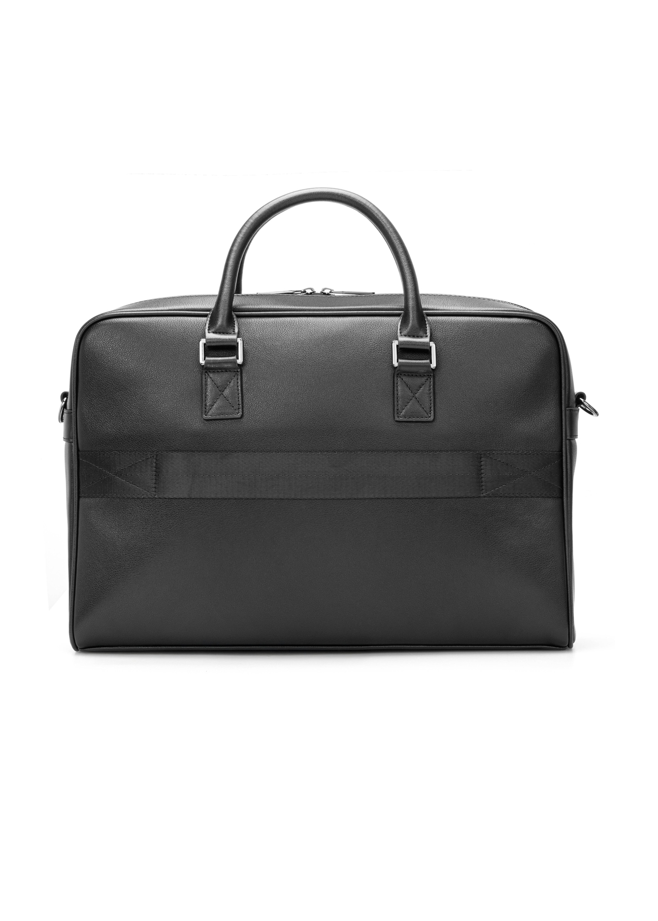 Czarna skórzana torba na laptopa TORMS-0494-99(W26) - widok produktu z tyłu, na białym tle. 