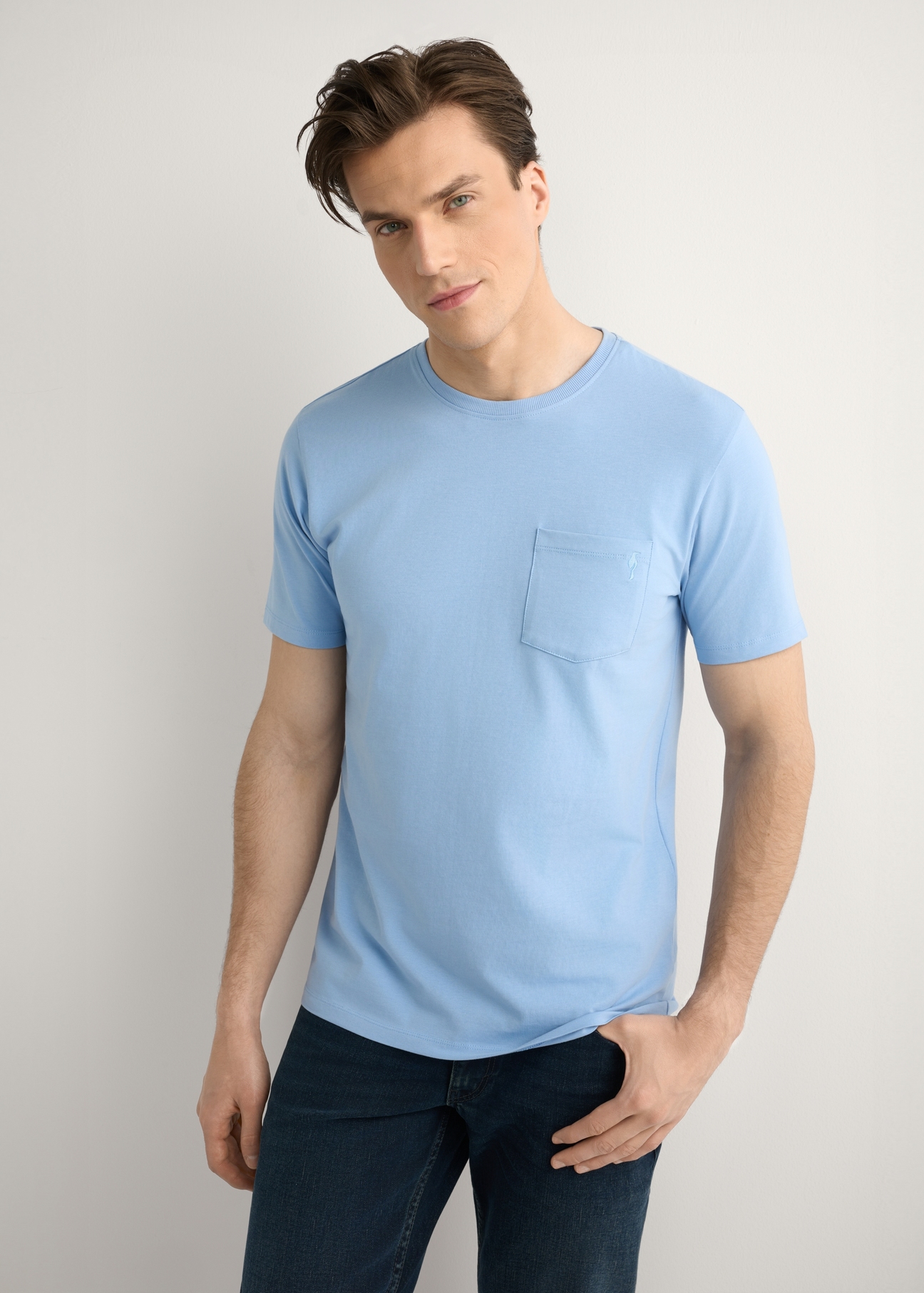 Niebieski T-shirt męski TSHMT-0137-7B(W26), widok produktu od przodu na modelu, widoczna połowa sylwetki.