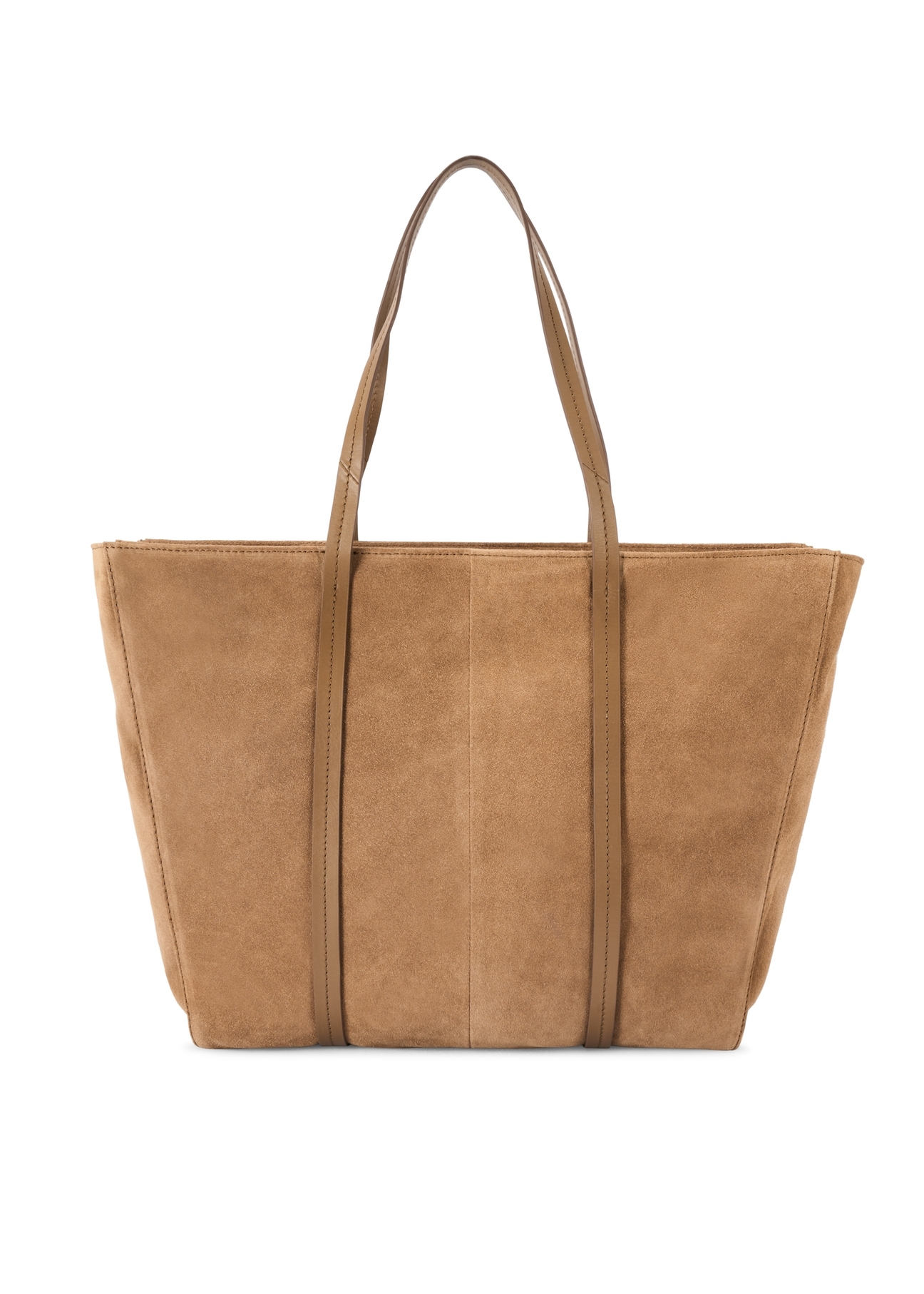 Beżowa zamszowa torebka shopper damska TORES-1248-1B(W26)- widok produktu z tyłu, na białym tle.  
