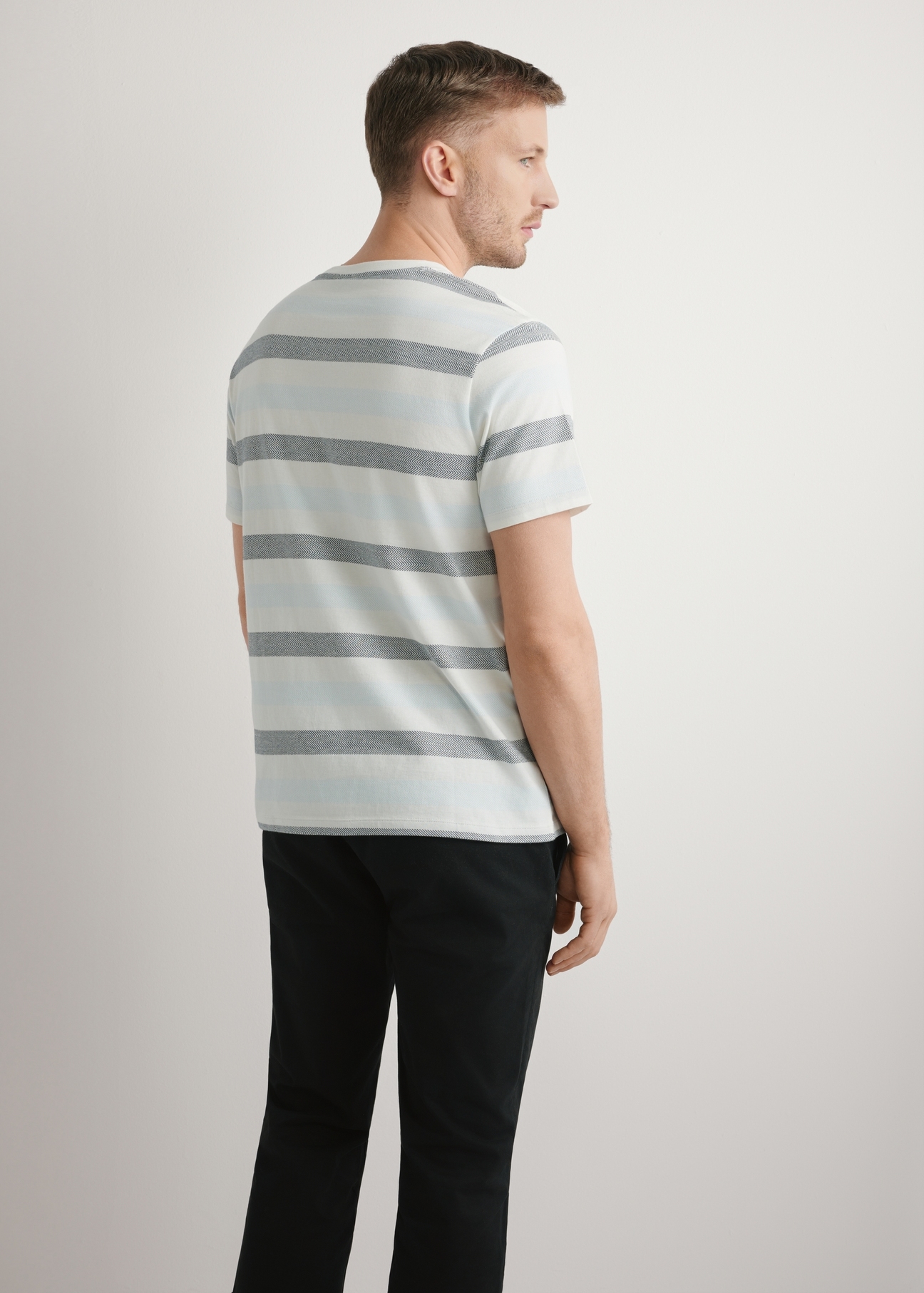 Bawełniany t-shirt męski w paski TSHMT-0143-00(W26), widok produktu z tyłu na modelu. Widoczna połowa sylwetki.