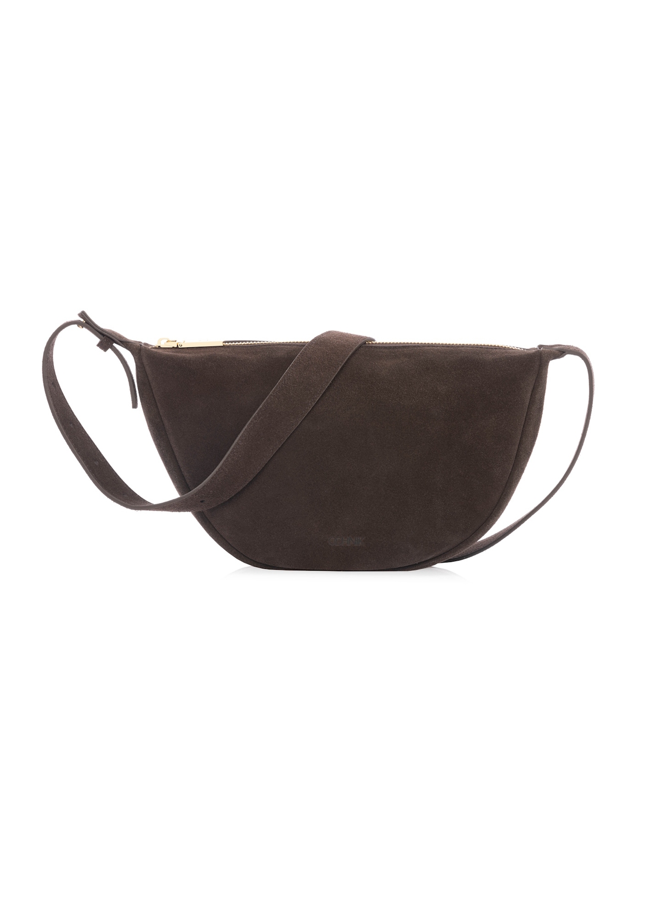 Skórzana półokrągła torebka damska w kolorze ciemnobrązowym TORES-1309-1I(W26), widok produktu z przodu na białym tle.