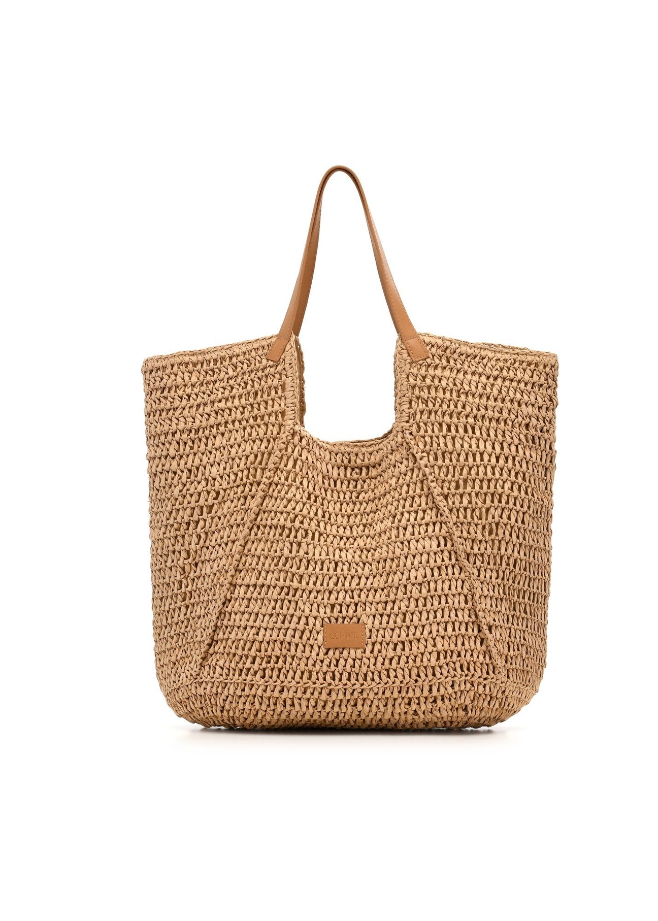 Beżowa słomkowa torebka shopper TOREC-1223-1E(W26) - widok produktu z przodu, na białym tle. 