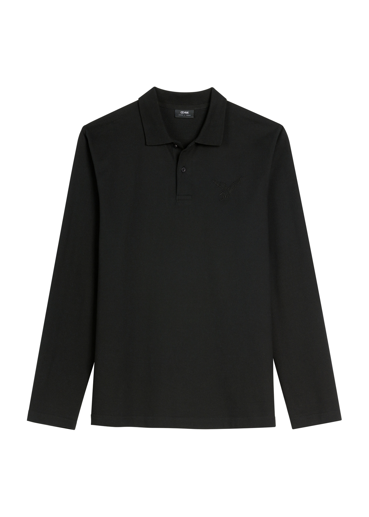 Czarny longsleeve męski z kołnierzykiem LSLMT-0011-99(W26), widok produktu z przodu na białym tle.