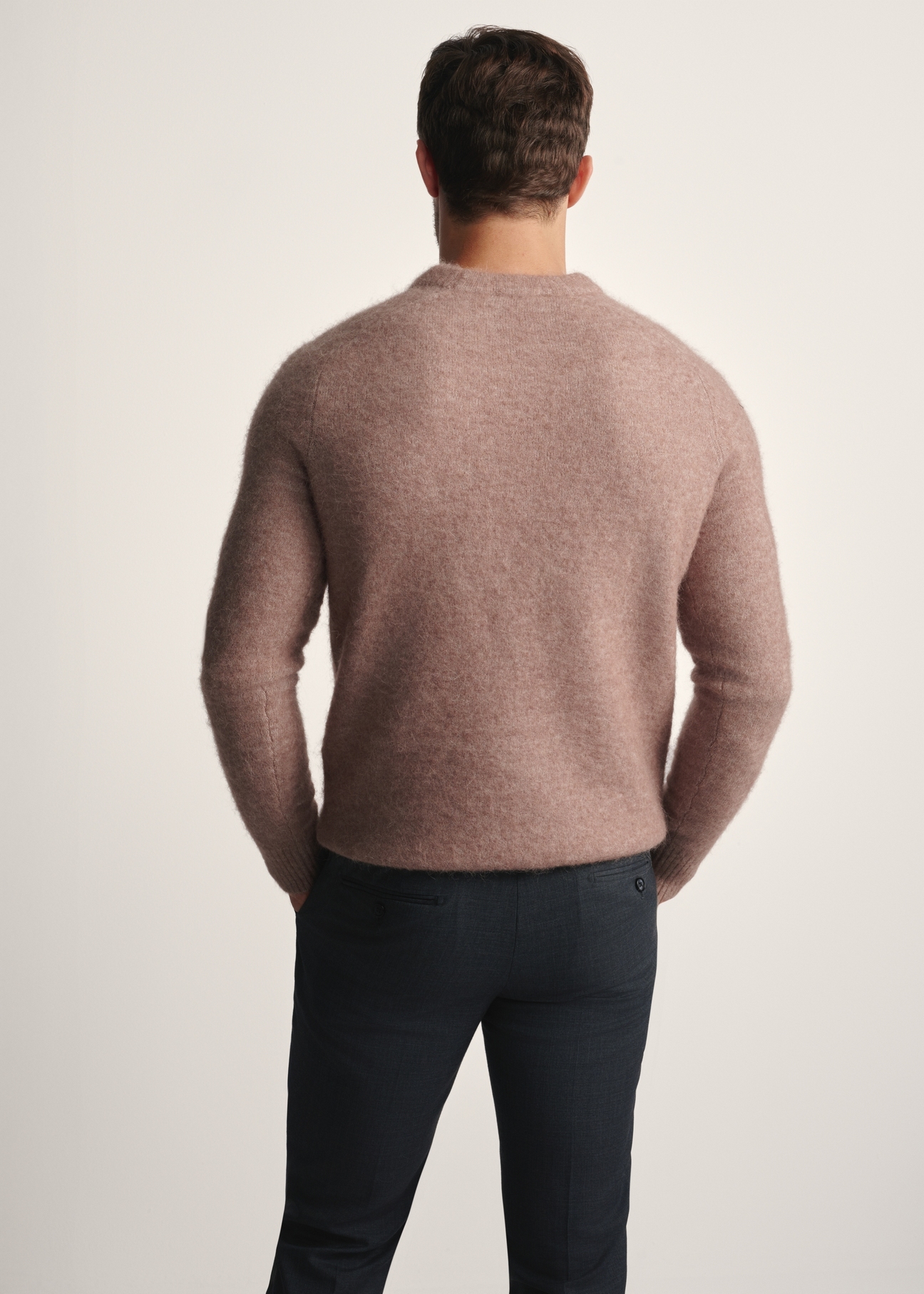 Camelowy sweter męski z wełną SWEMT-0171-24(Z25), widok produktu z tyłu na modelu. Widoczna połowa sylwetki.