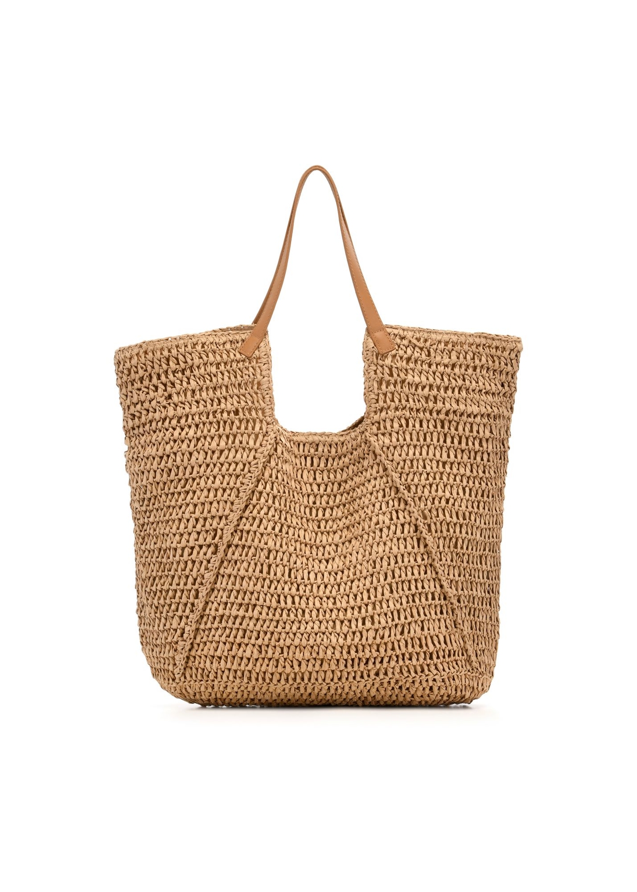 Beżowa słomkowa torebka shopper TOREC-1223-1E(W26) - widok produktu z tyłu, na białym tle. 