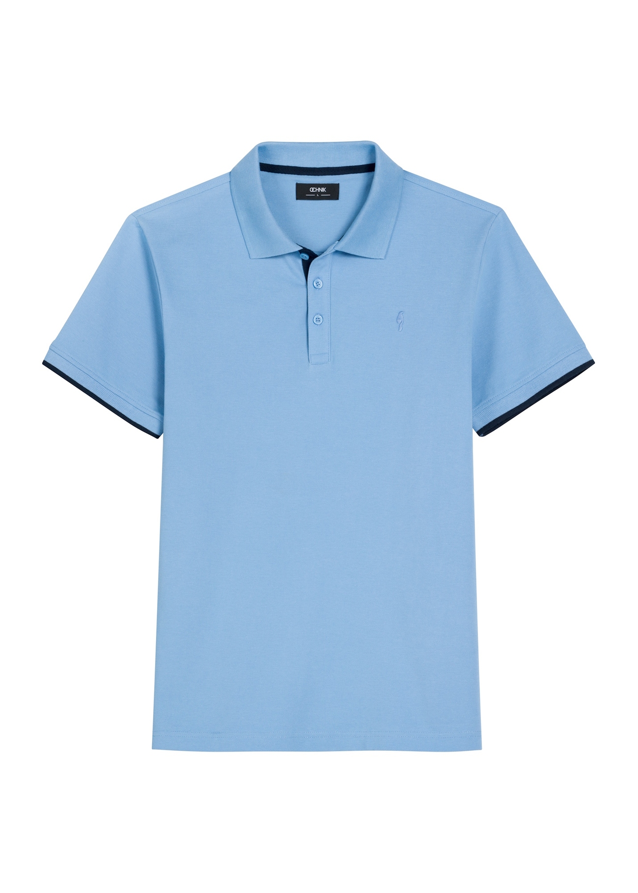 Niebieska koszulka polo z bawełny POLMT-0045B-7B(W26), widok produktu z przodu na białym tle.