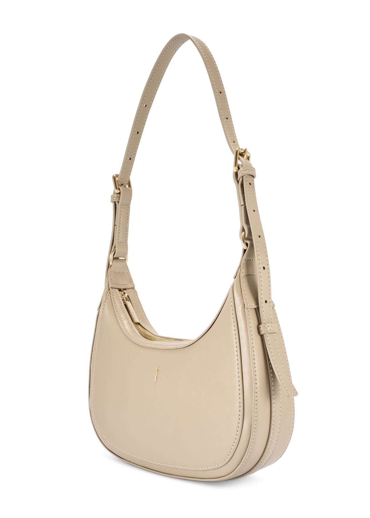 Beżowa mała torebka hobo TOREC-1136-1A(W26) - widok produktu po skosie, na białym tle. 