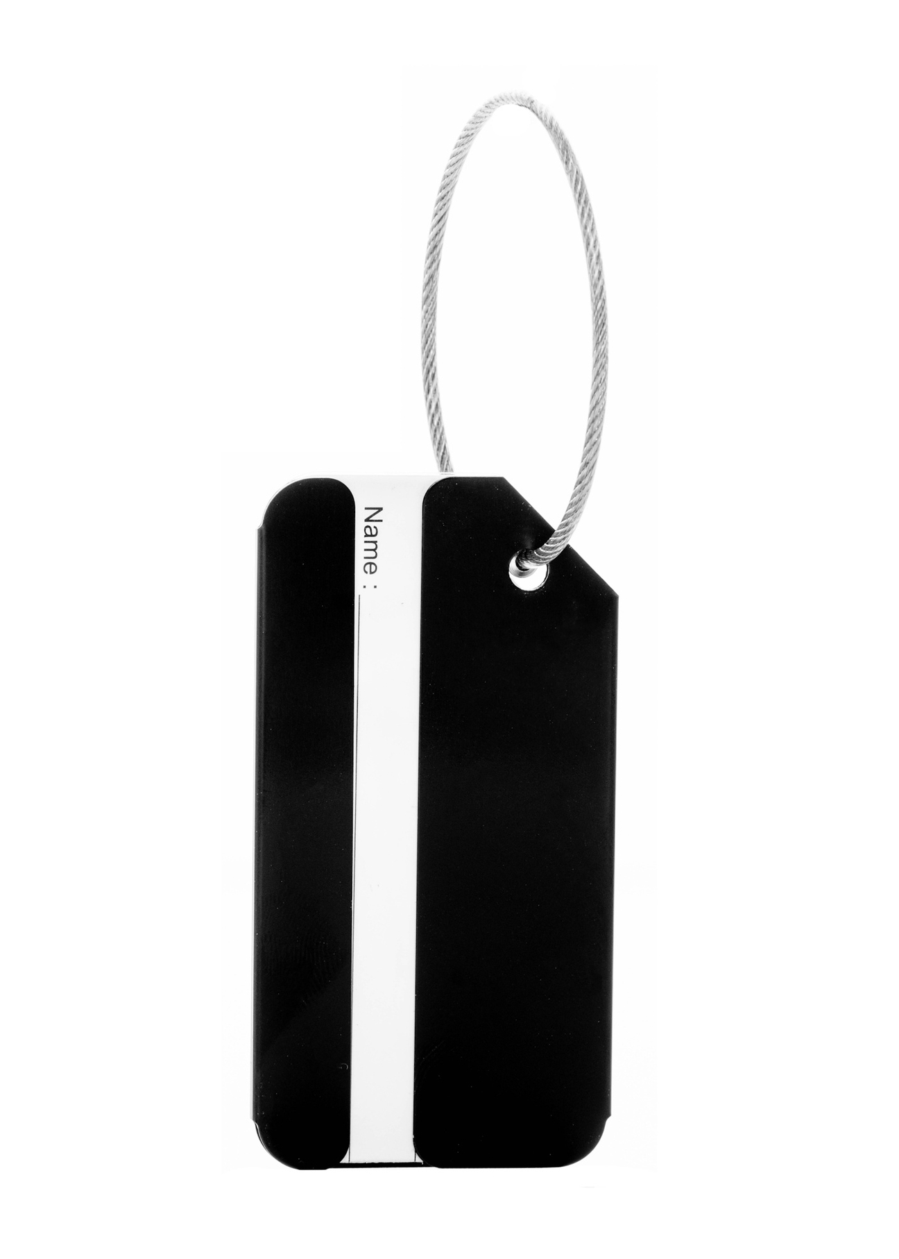 Czarny identyfikator do bagażu AW-012-0003-99(W26), widok produktu z tyłu na białym tle.