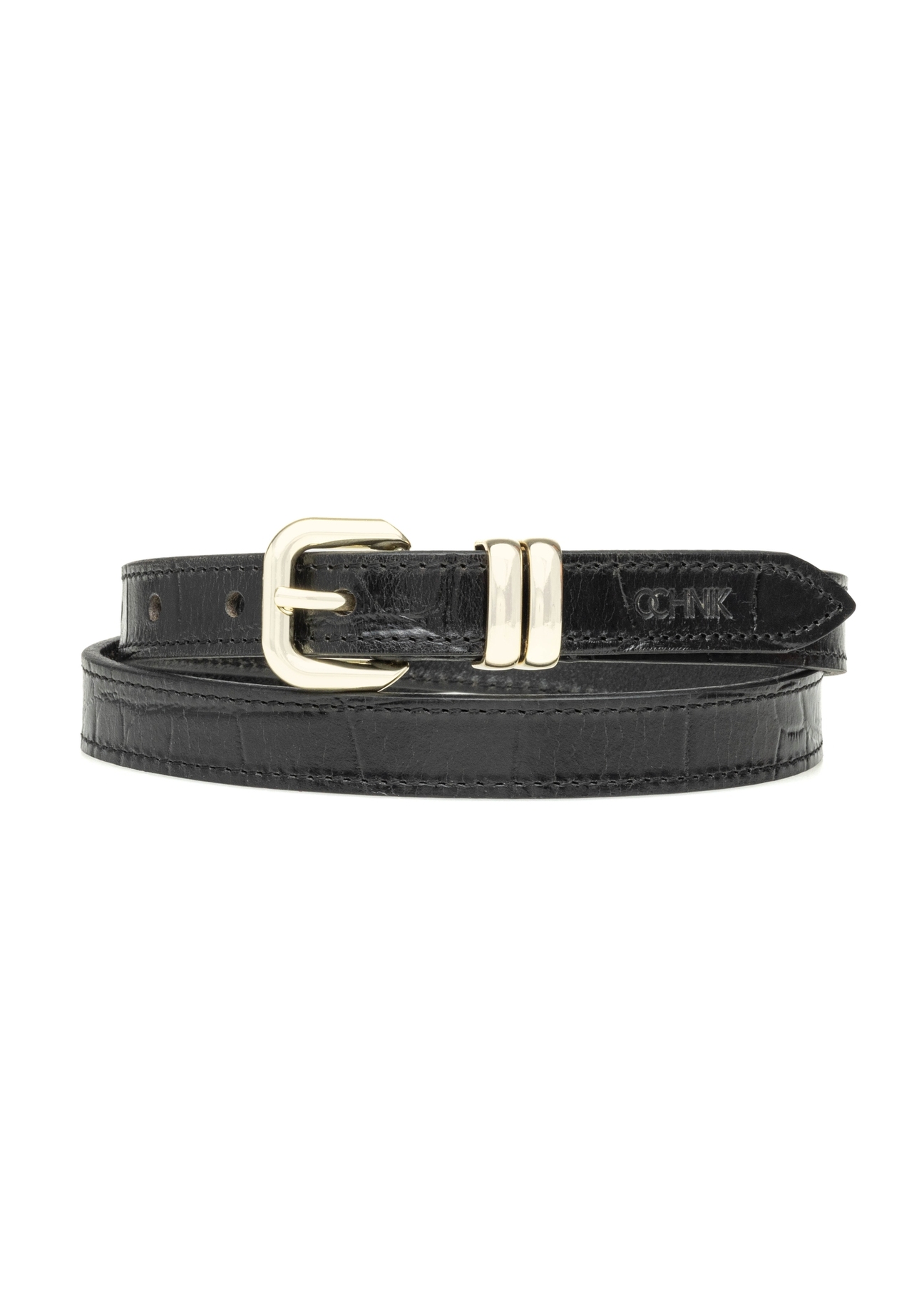 Czarny skórzany pasek damski croco PASDS-0321-9G(W26) - widok produktu z przodu, na białym tle.