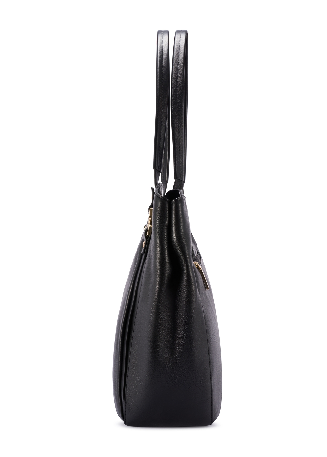 Czarna skórzana torebka shopper TORES-1223-99(W26), widok produktu z boku na białym tle.