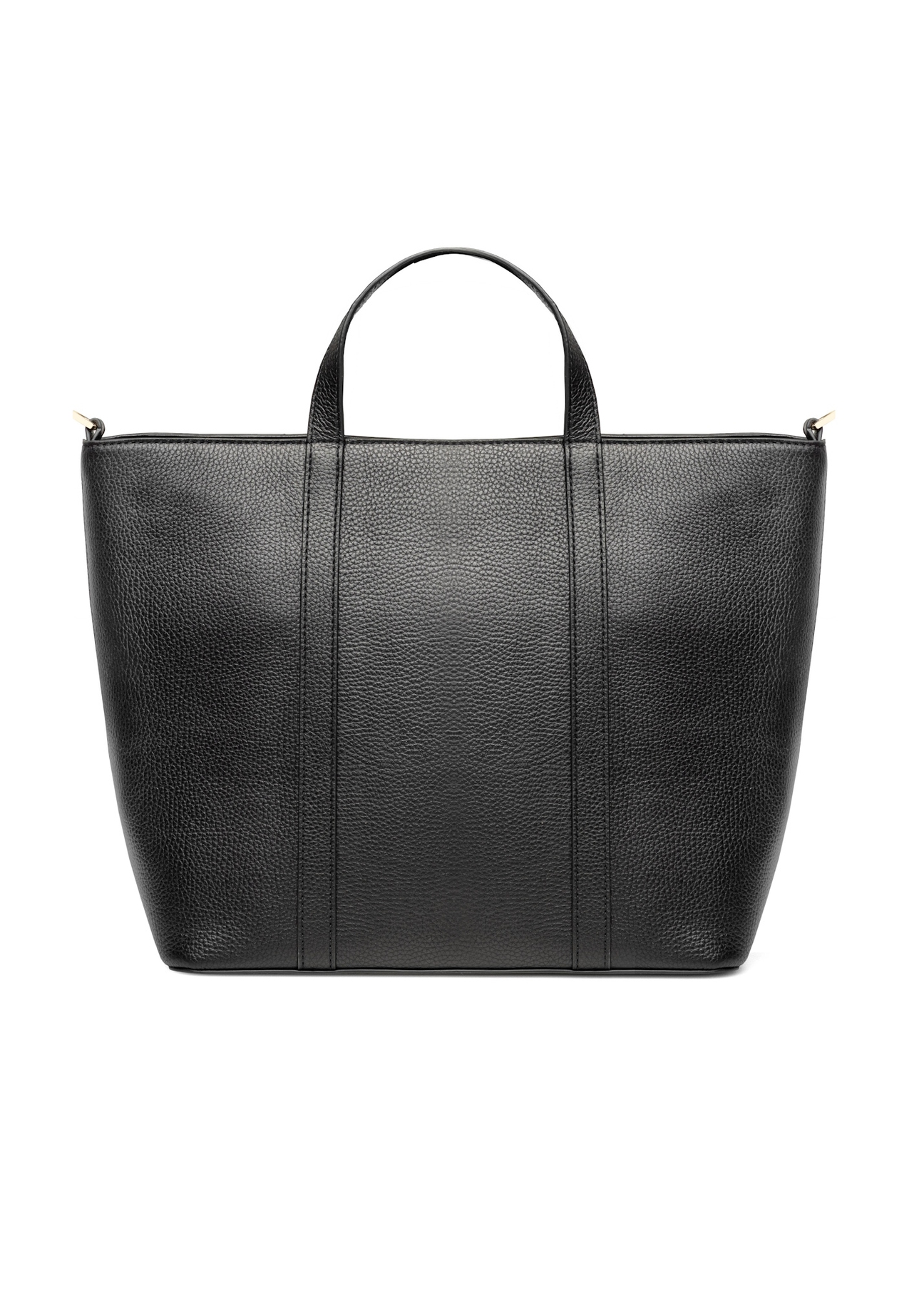 Czarna skórzana torebka shopper TORES-1272-9I(W26), widok produktu z tyłu na białym tle.