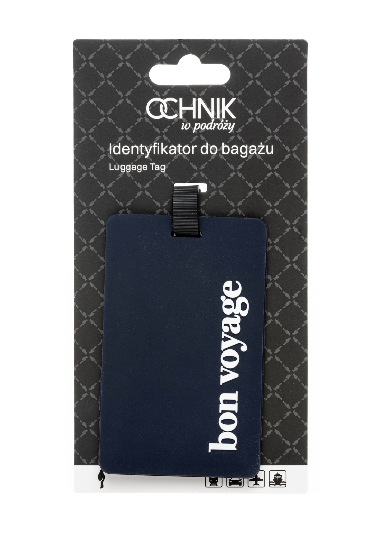 Identyfikator do bagażu AW-012-0015-7D(W26), widok produktu z opakowaniem na białym tle.