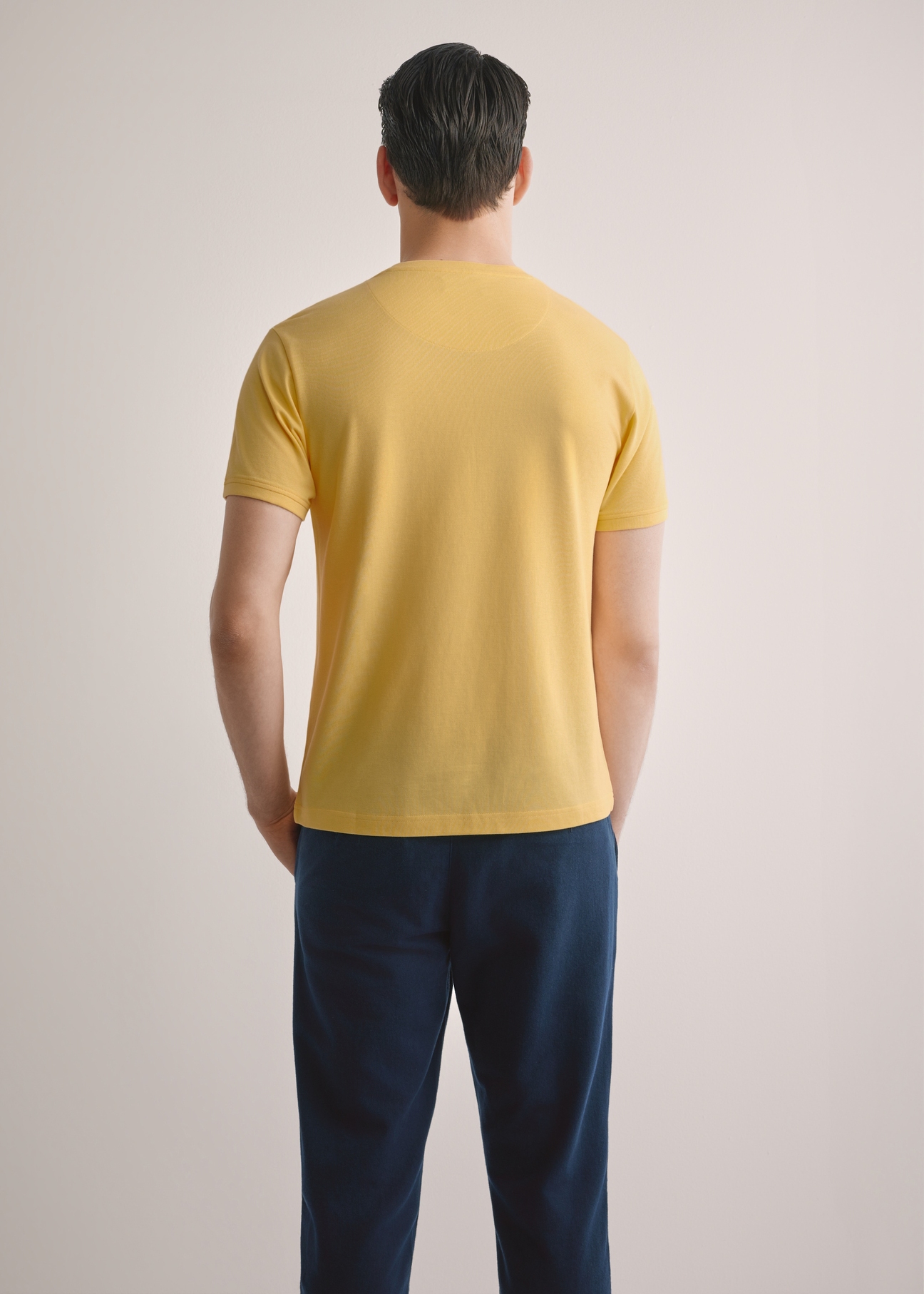 Żółty bawełniany t-shirt męski TSHMT-0136-2B(W26), widok produktu z tyłu na modelu. Widoczna połowa sylwetki.