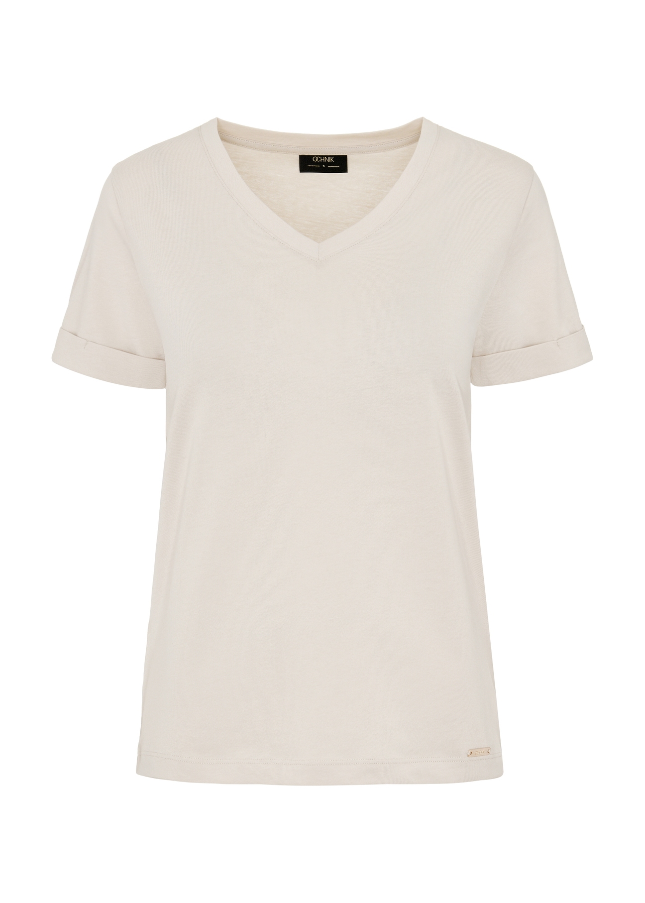 Beżowy T-shirt damski w serek TSHDT-0118-81(W24)-03