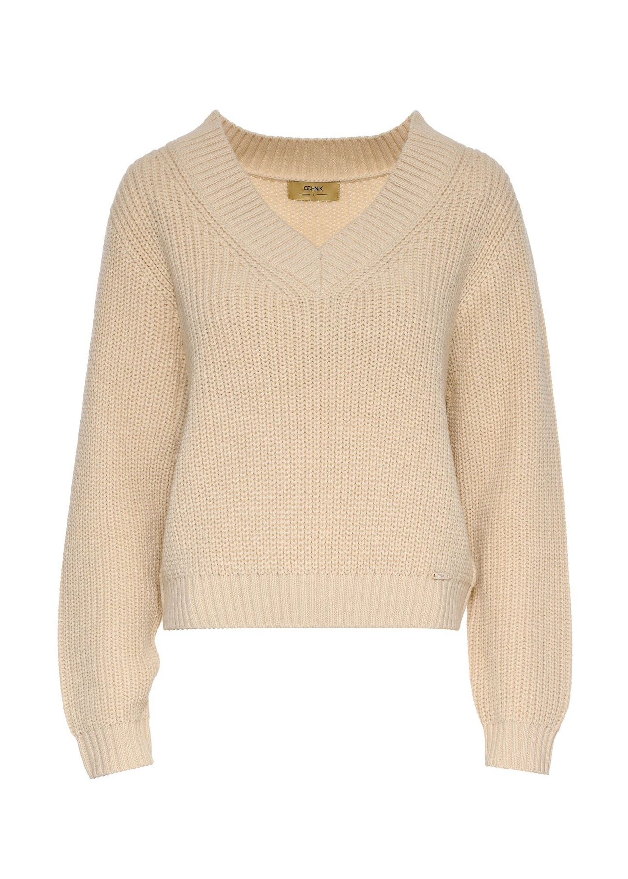 Beżowy sweter dekolt V damski  SWEDT-0162-82(Z24)-04
