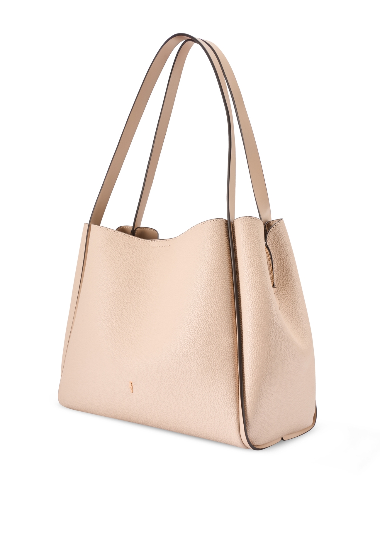 Beżowa torebka shopper damska TOREC-1183-1A(W26) - widok produktu po skosie, na białym tle. 
