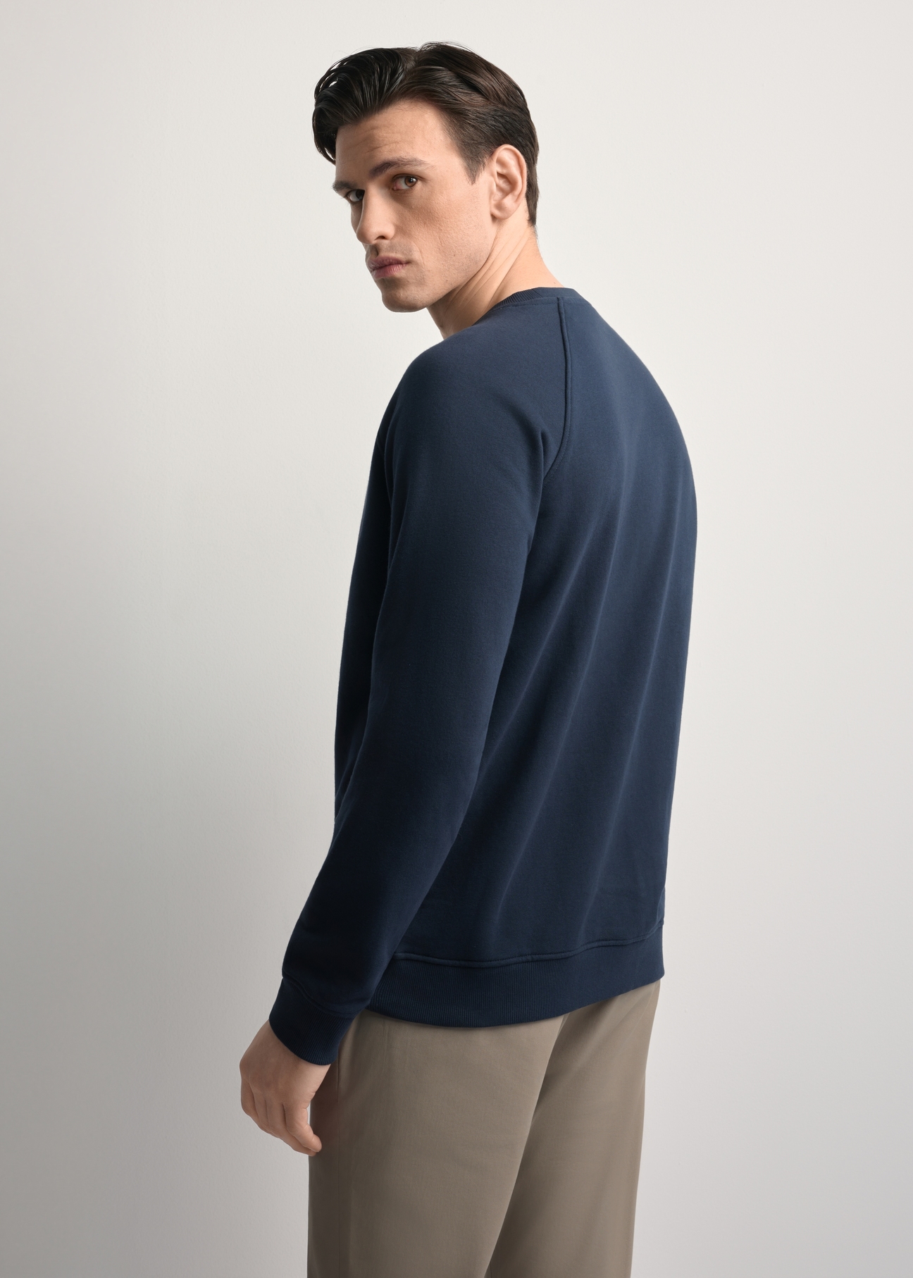 Granatowa bluza męska z bawełny BLZMT-0076-68(Z25), widok produktu z tyłu na modelu. Widoczna połowa sylwetki.