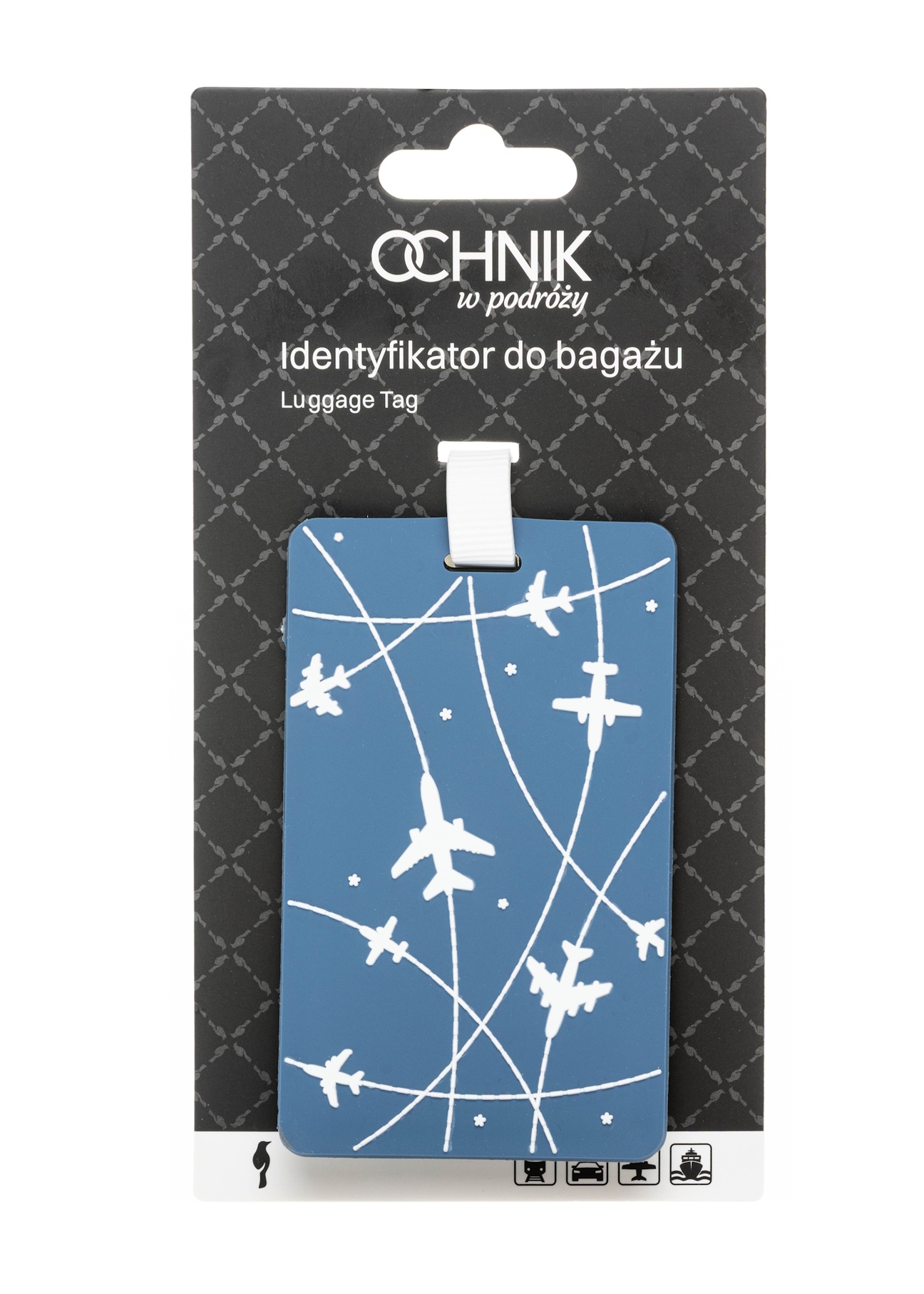 Identyfikator do bagażu z samolotami AW-012-0013-7C(W26), widok produktu z opakowaniem na białym tle.
