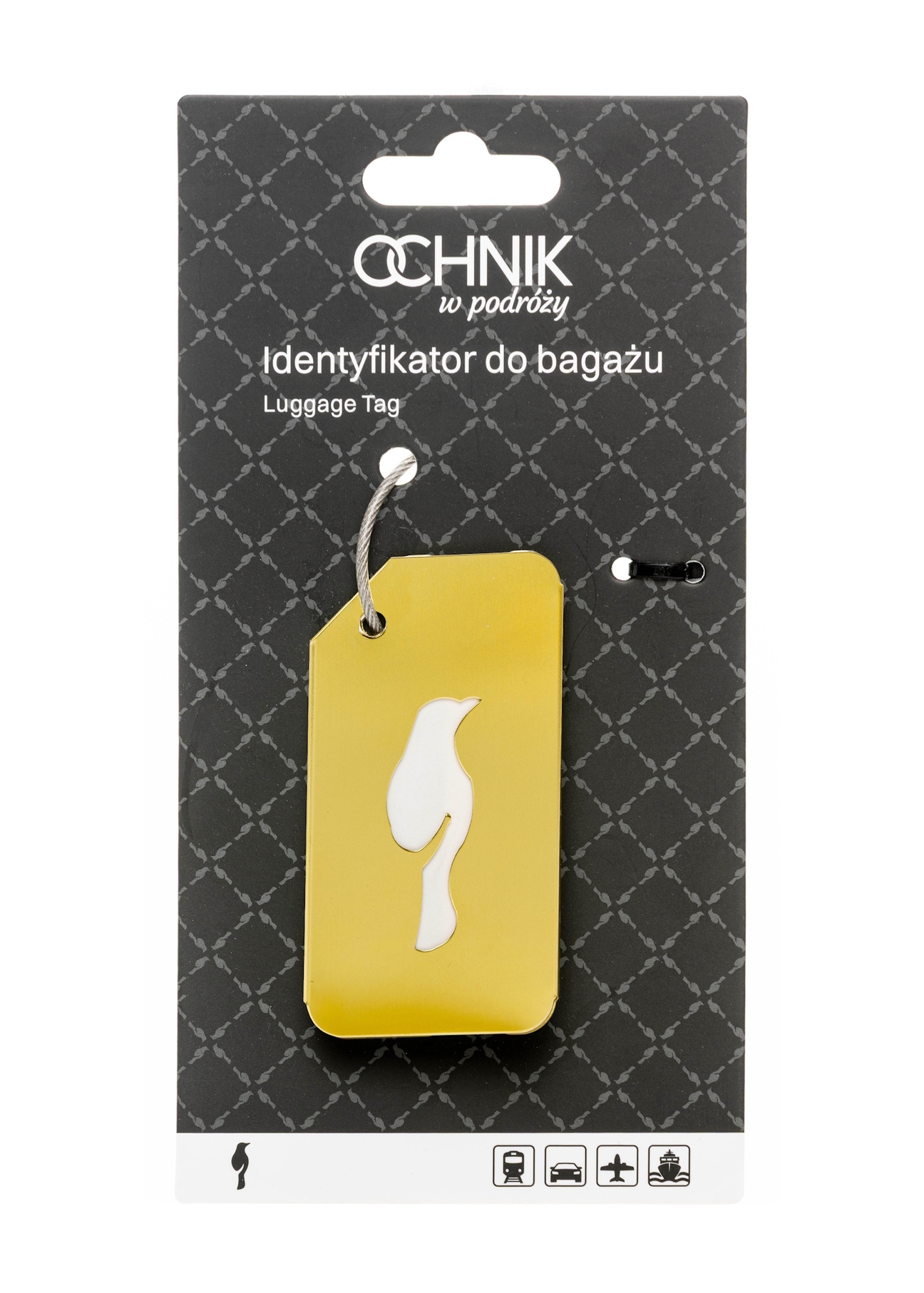 Złoty identyfikator do bagażu AW-012-0003-2X(W26), widok produktu w opakowaniu na białym tle.