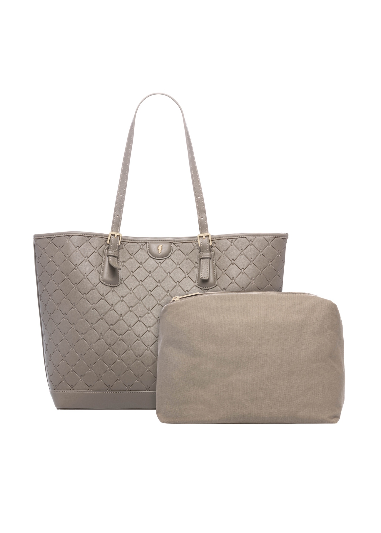 Jasnobrązowa torebka shopper z monogramem TOREC-1181-1K(W26), widok produktu z przodu na białym tle.