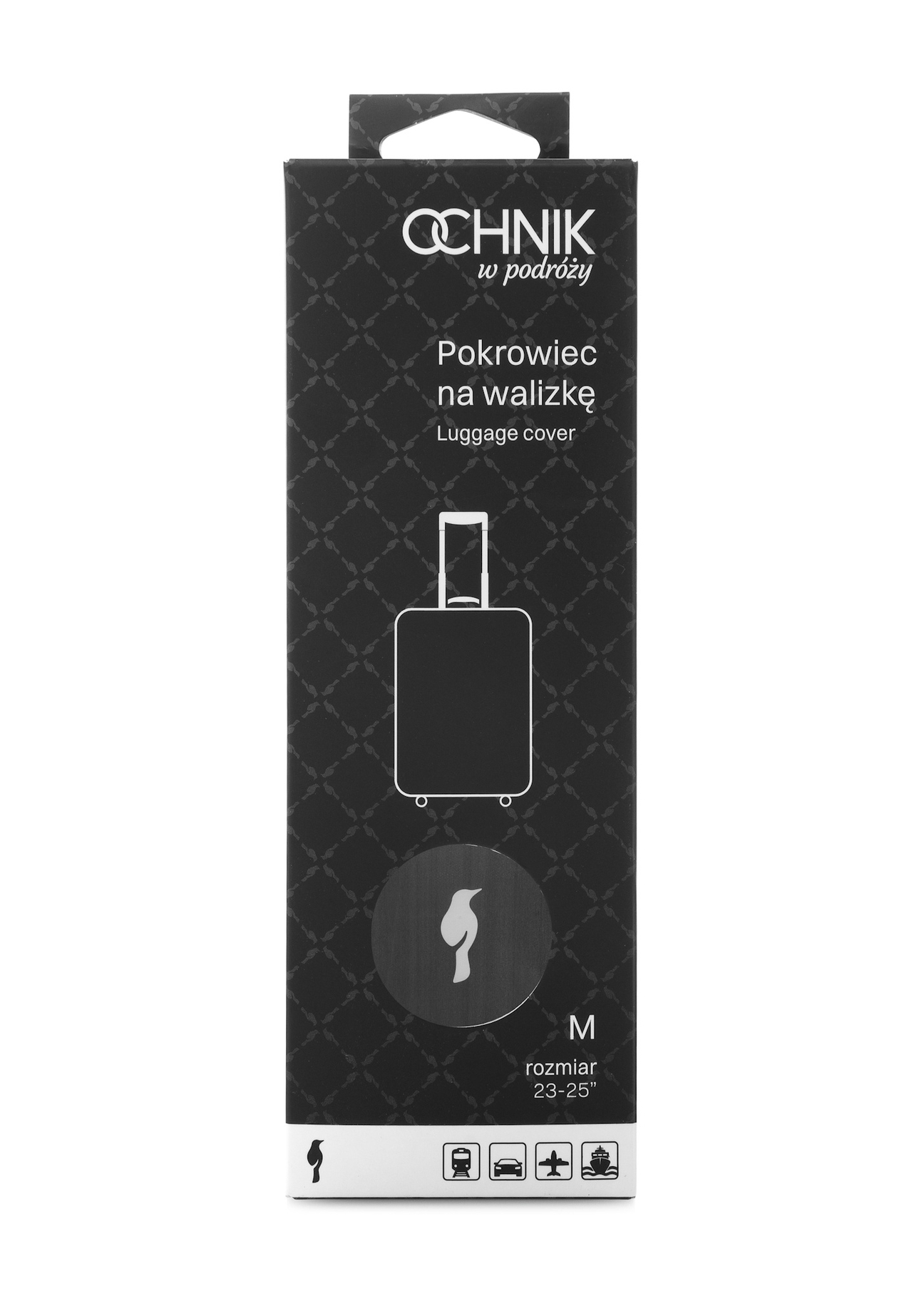 Czarny pokrowiec na średnią walizkę AW-013-0002-99-M(W25), widok produktu w opakowaniu na białym tle.