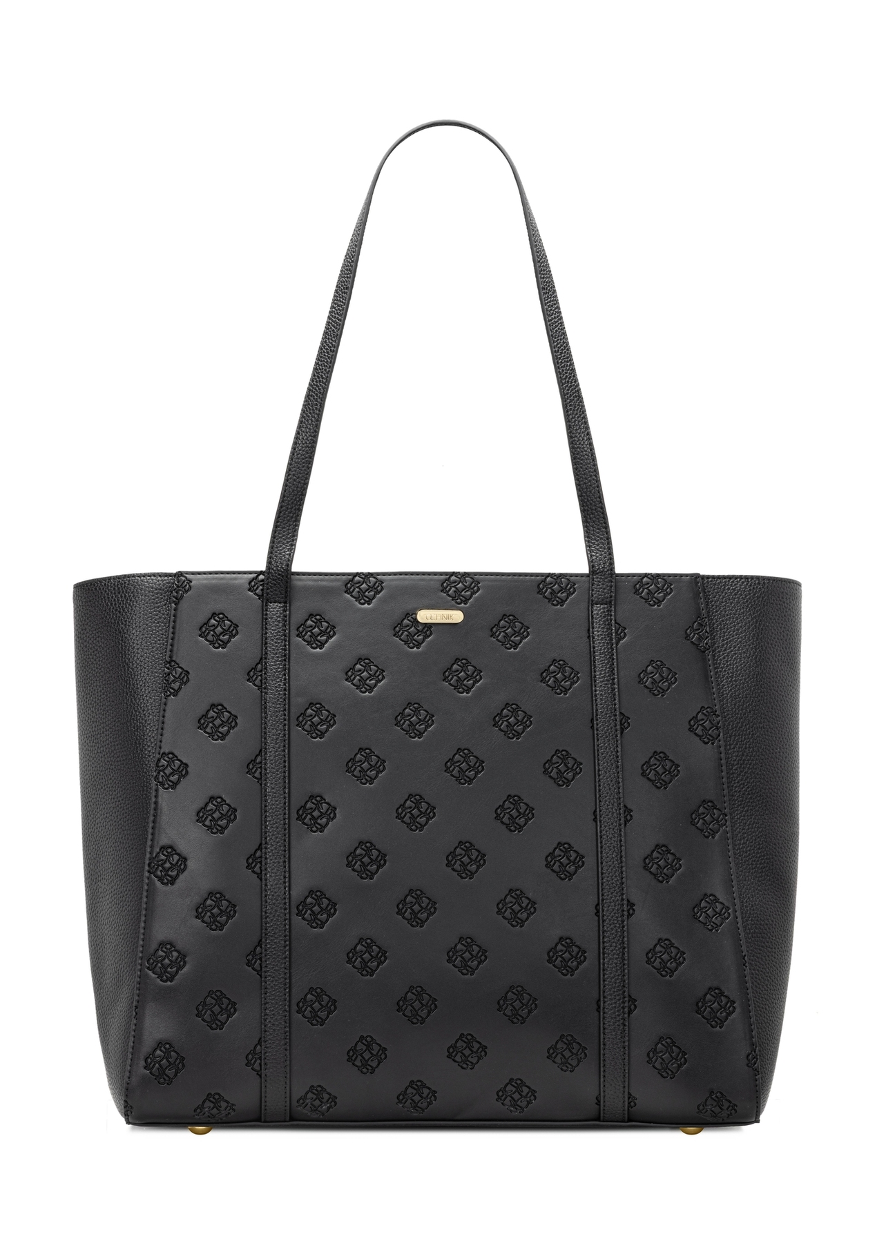 Czarna torebka shopper z monogramem TOREC-1160-9P(W26) - widok produktu z przodu, na białym tle. 