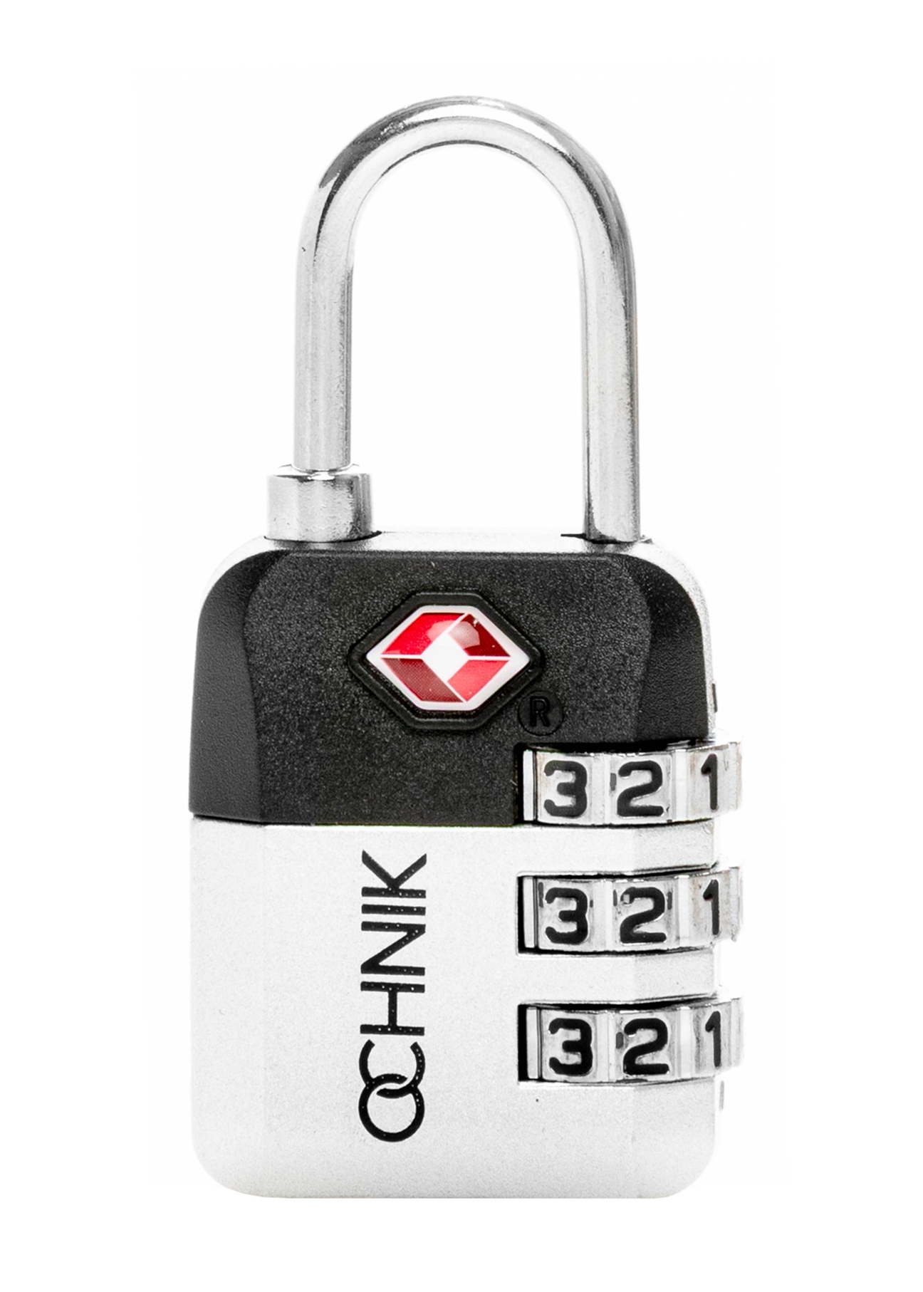 Srebrna szyfrowa kłódka TSA AW-015-0004-9X(W26), widok produktu z przodu na białym tle.