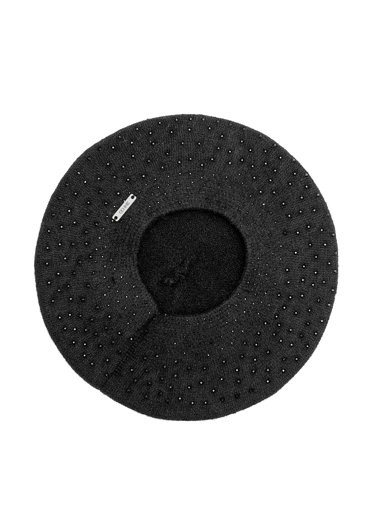 Czarny beret damski CZADT-0167A-99(Z25), widok produktu od spodu na białym tle.
