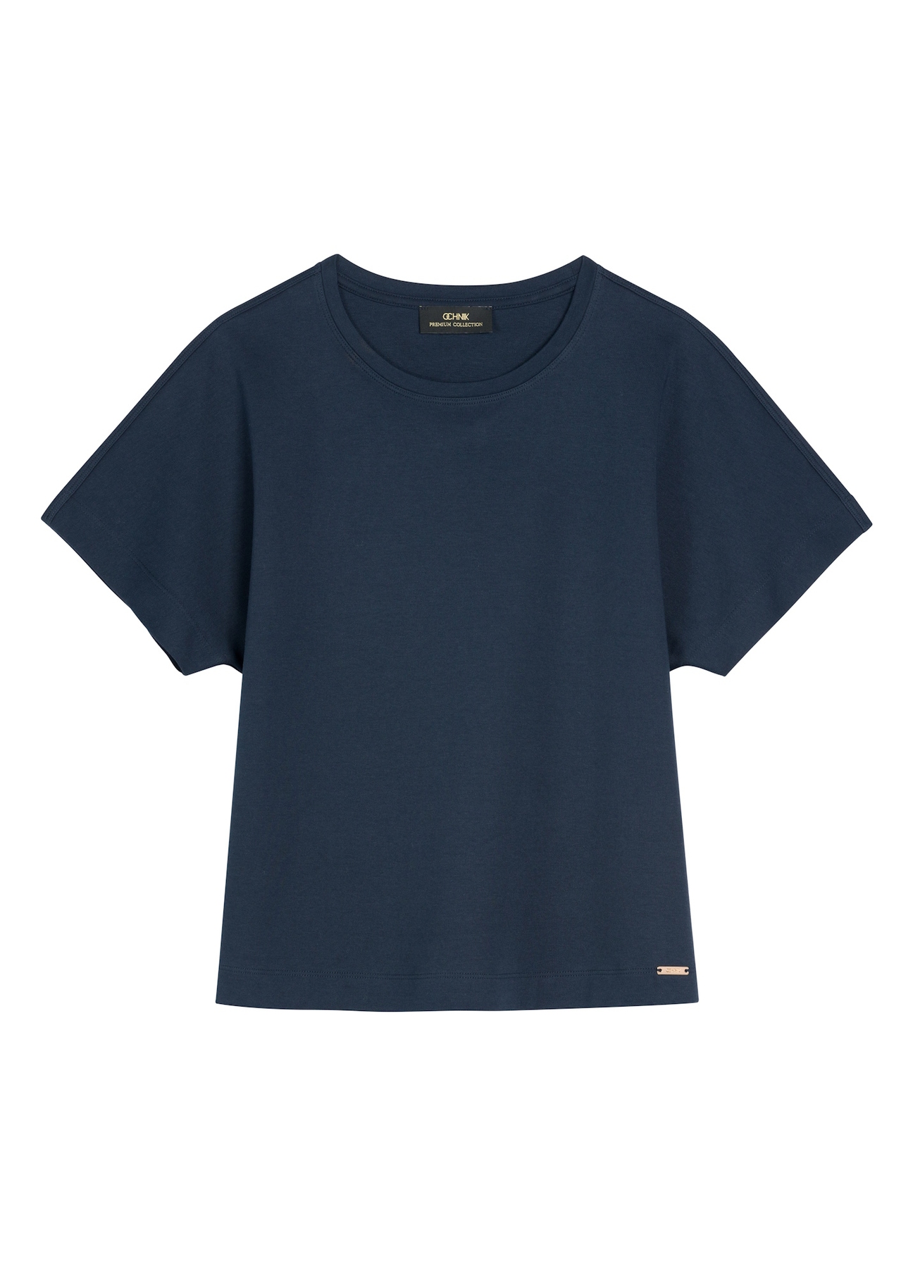 Granatowy t-shirt damski z bawełny merceryzowanej TSHDT-0154-7E(W26), widok produktu z przodu na białym tle.