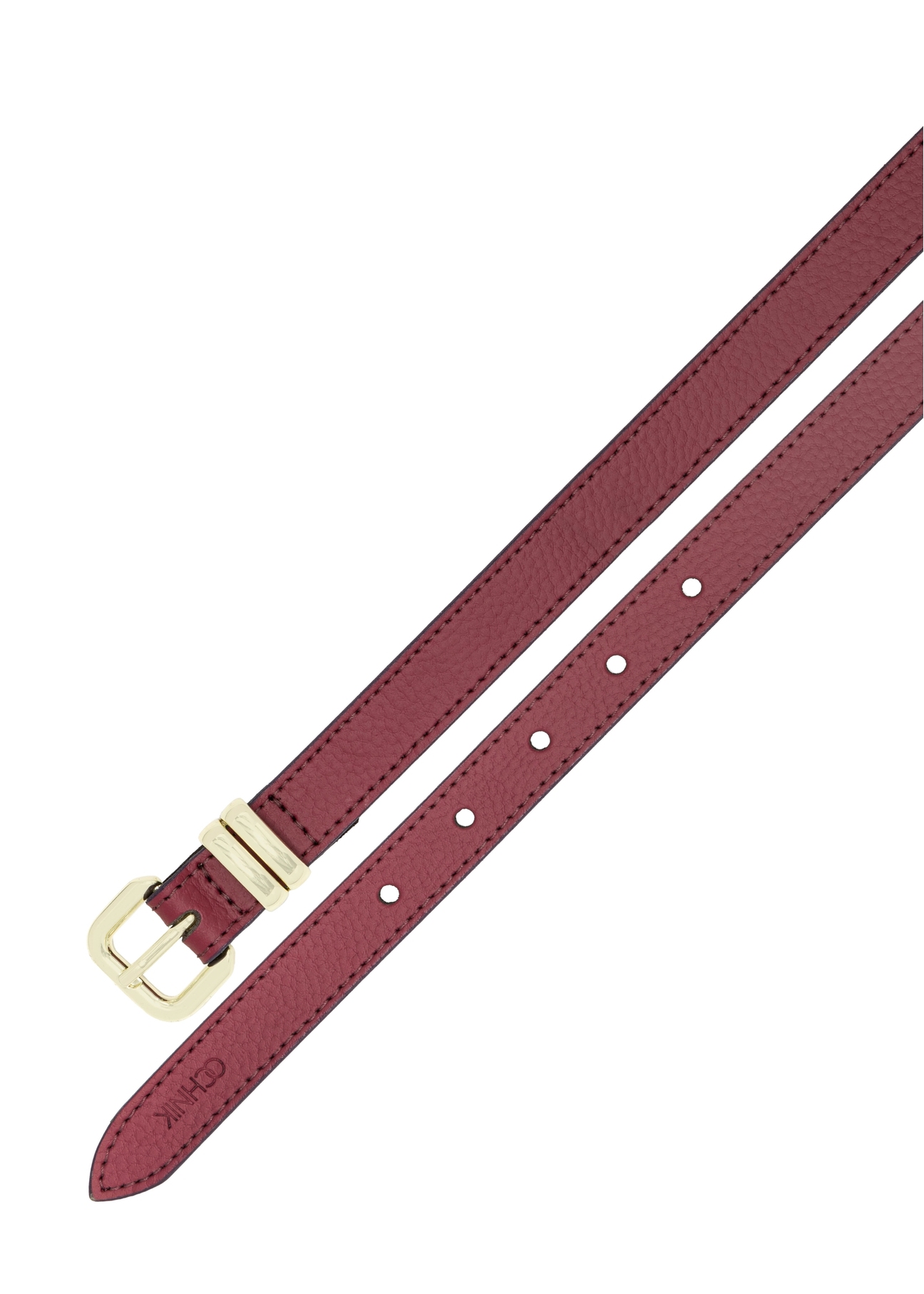 Fuksjowy skórzany pasek damski PASDS-0321-5E(W26) - widok produktu z góry, na białym tle. 