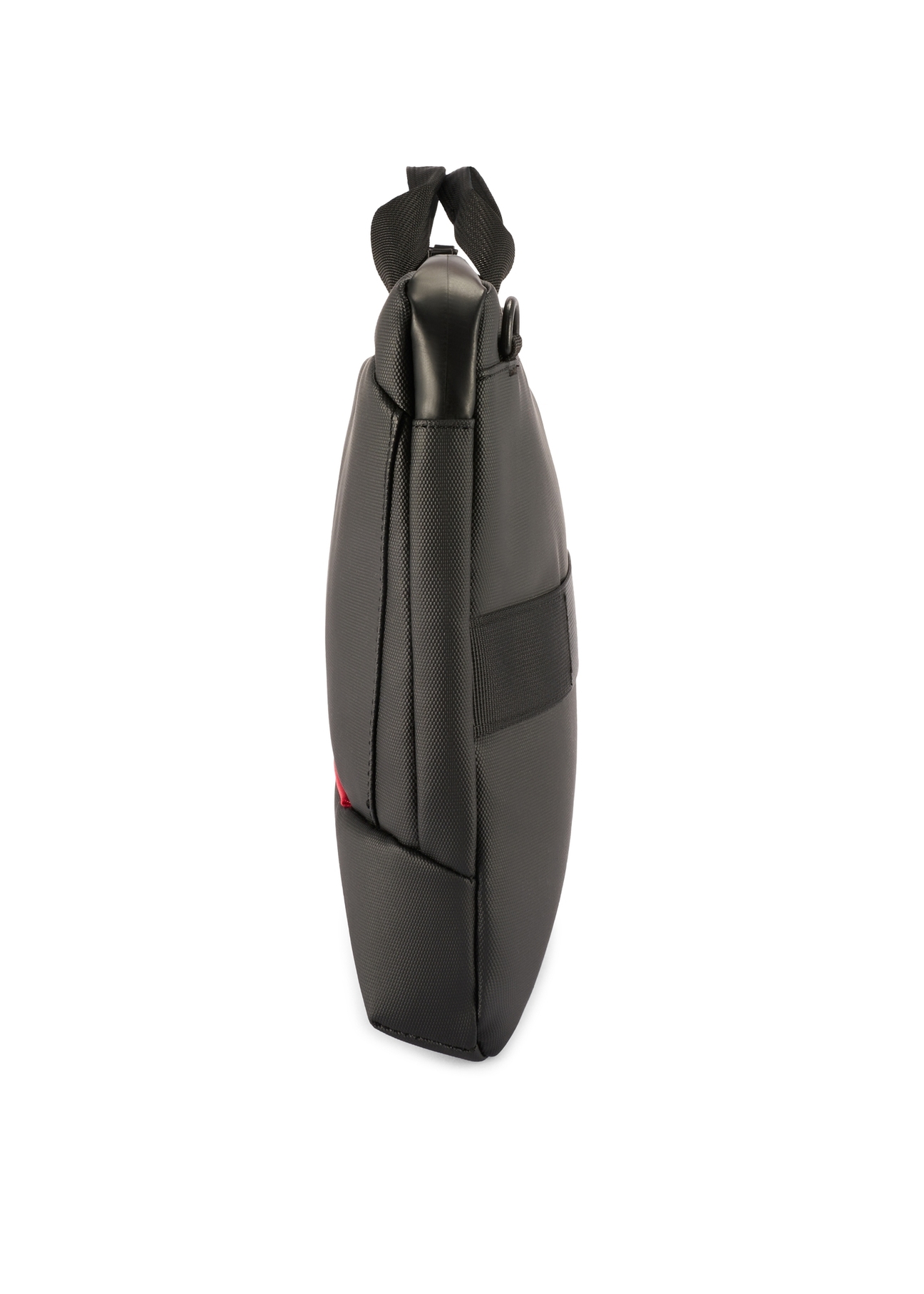Czarna torba na laptopa TORMN-0398-9J(W26), widok produktu z boku na białym tle.