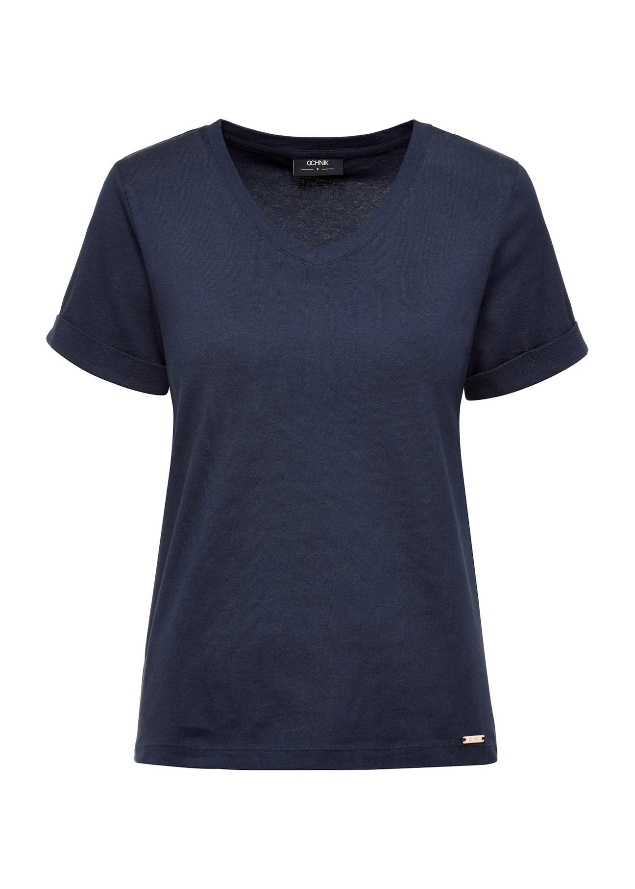 Granatowy t-shirt damski w serek TSHDT-0118-69(W25), widok produktu z przodu na białym tle.