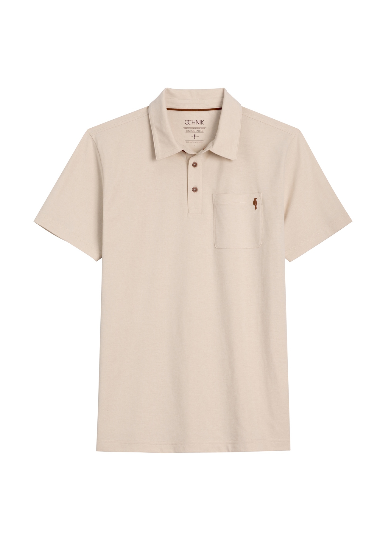 Męska koszulka polo w kolorze jasnego beżu POLMT-0088-1A(W26),  widok produktu z przodu, na białym tle. 