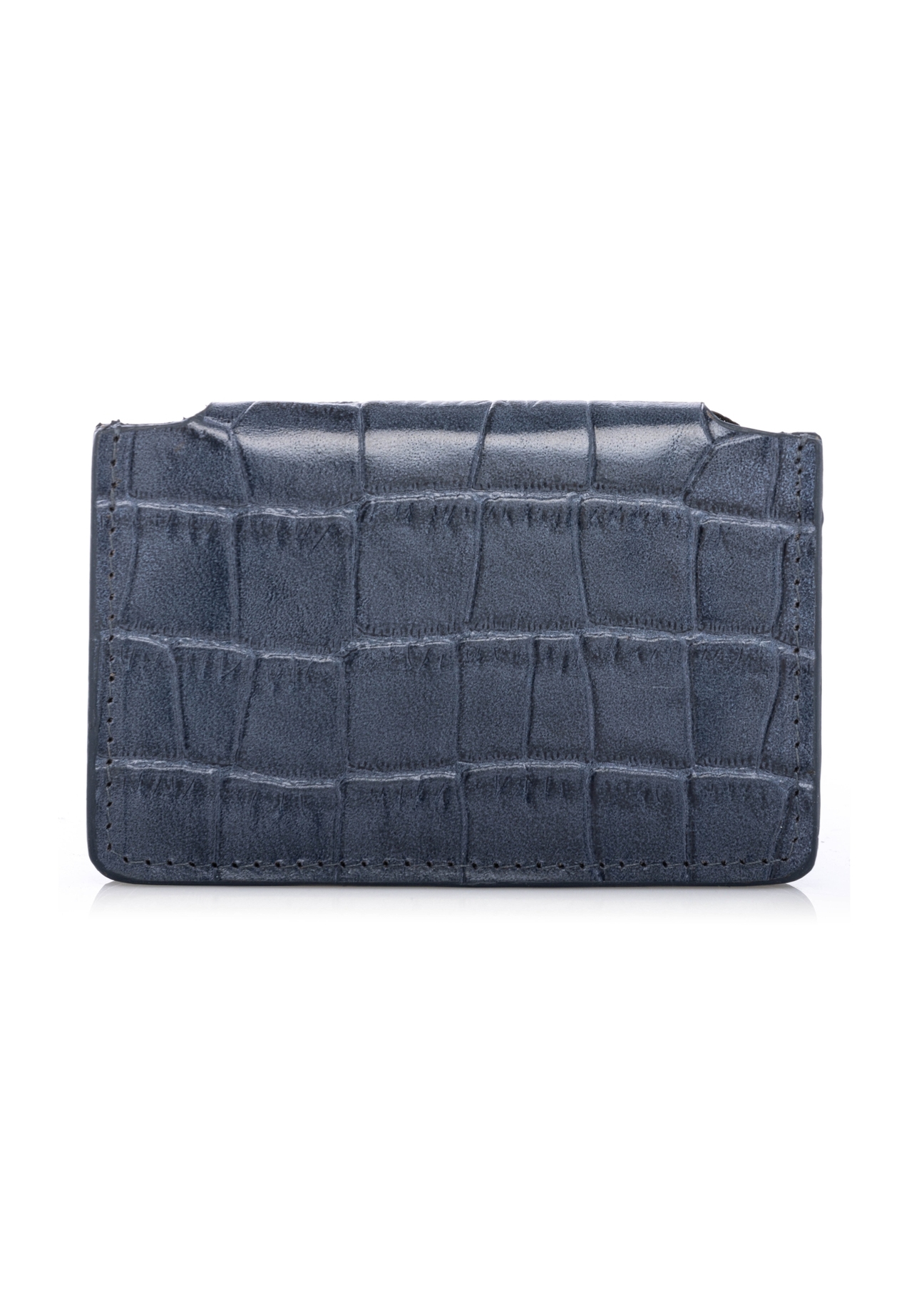 Mały granatowy skórzany portfel damski PORES-0890-7D(W26) - widok produktu z tyłu, na białym tle. 