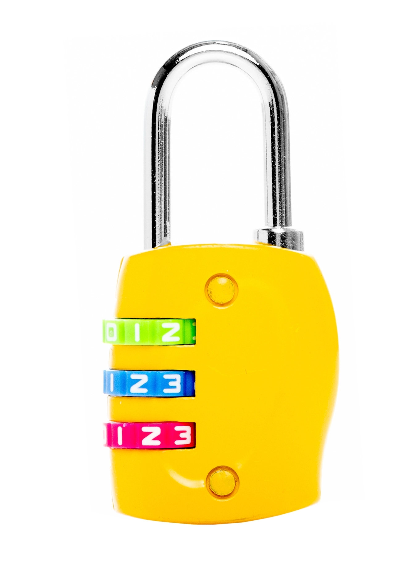 Żółta szyfrowa kłódka AW-015-0005-2B(W26), widok produktu od tyłu na białym tle.