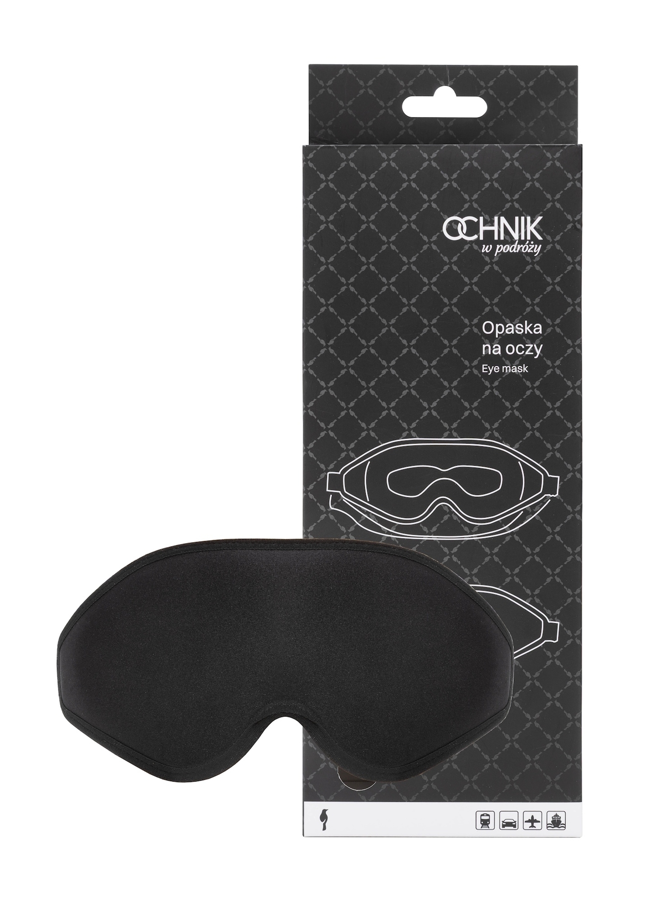 Opaska na oczy w kolorze czarnym AW-017-0001-99(W25), widok produktu i opakowania na białym tle.