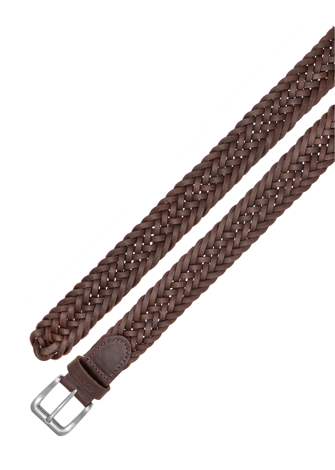 Brązowy pleciony pasek męski PASMS-0283-1I(W26) - widok produktu z góry, na białym tle. 