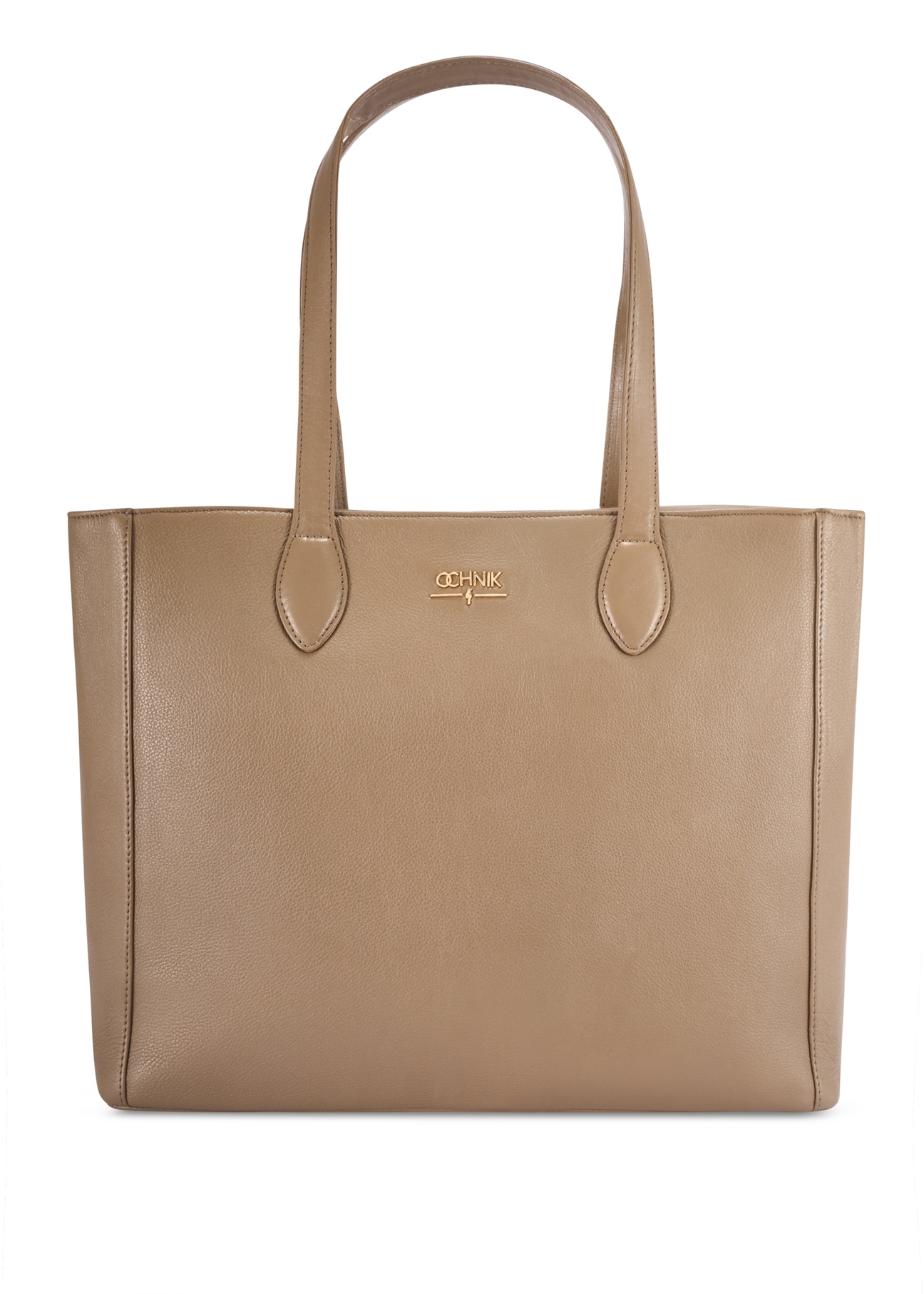 Ciemnobeżowa skórzana torebka shopper damska TORES-0971F-1K(W26) - widok produktu z przodu, na białym tle. 