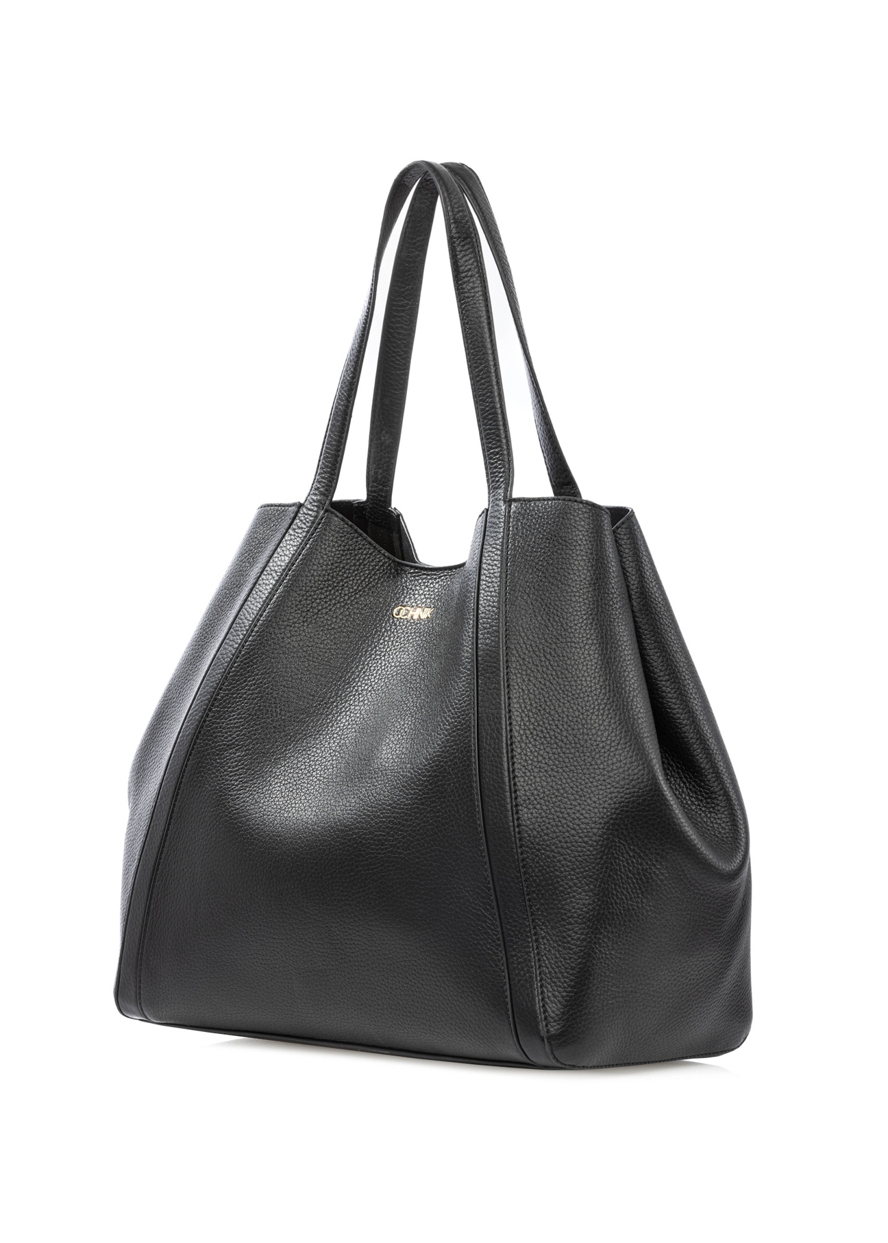 Czarna skórzana torebka shopper damska TORES-1208-9I(W26), widok produktu skosem na białym tle.