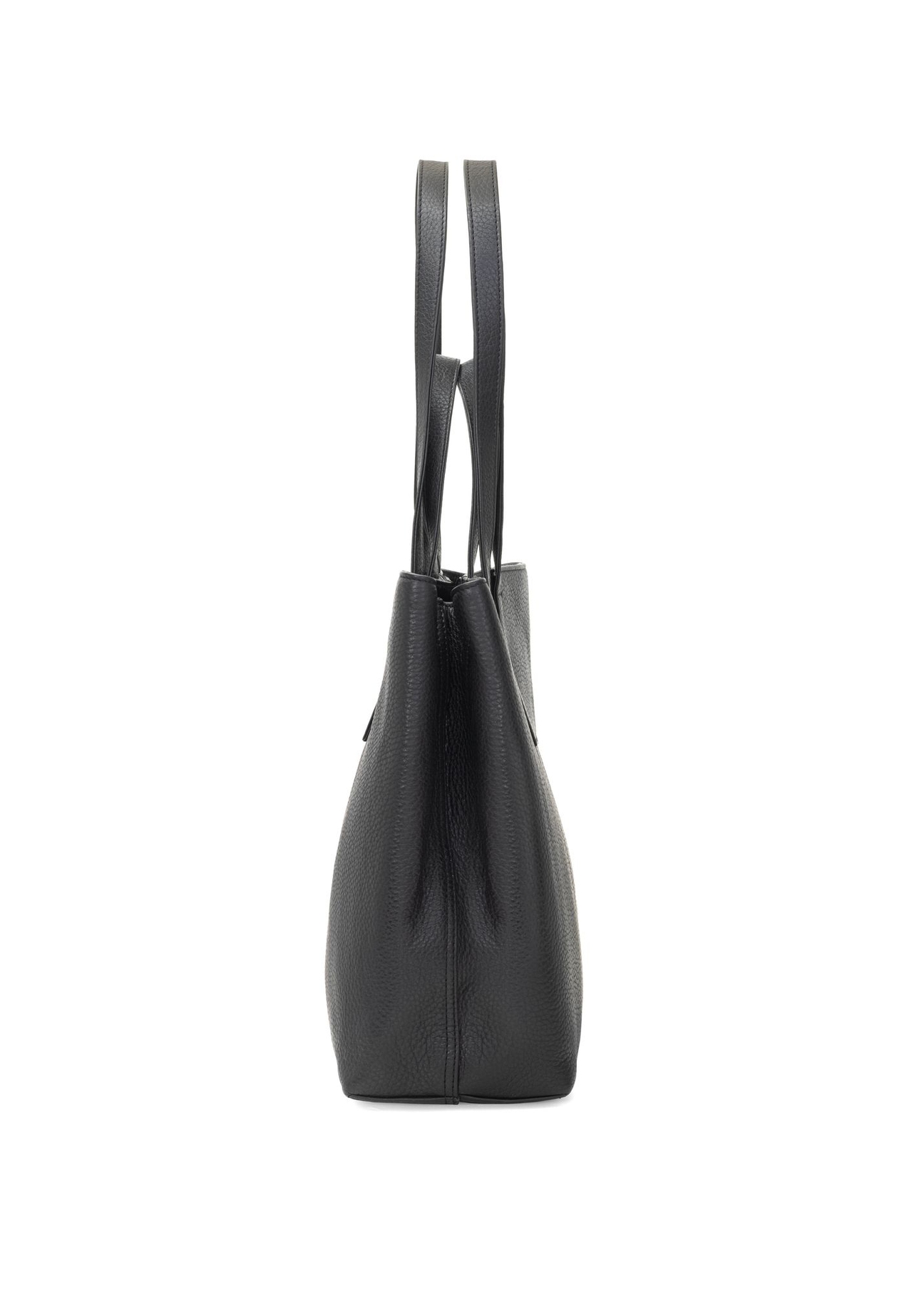 Czarna skórzana torebka shopper TORES-1281-99(W26) - widok produktu z boku, na białym tle. 