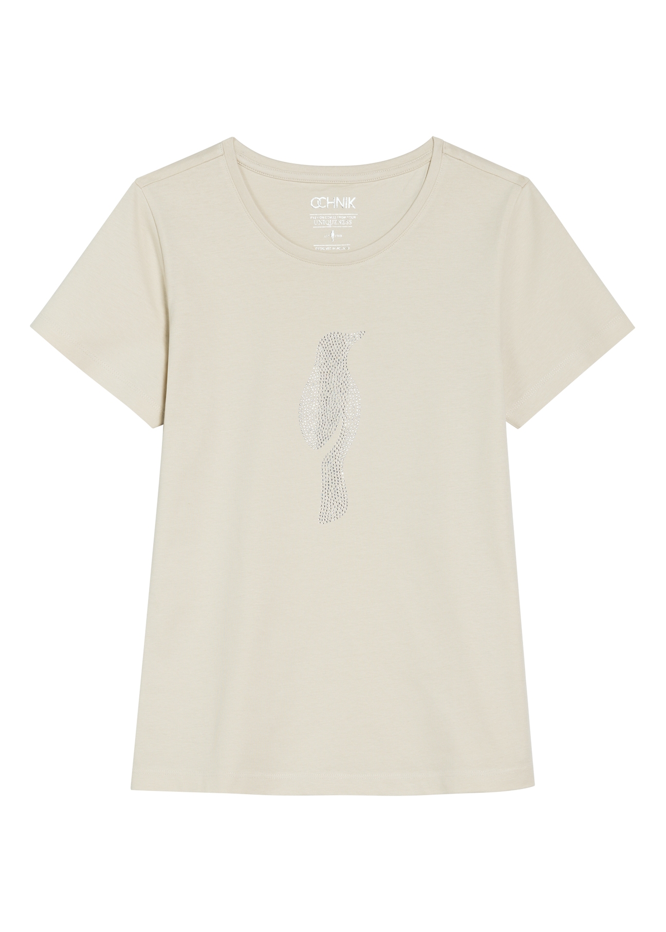 Jasnobeżowy T-shirt damski z logo TSHDT-0157-1A(W26), widok produktu z przodu na białym tle.
