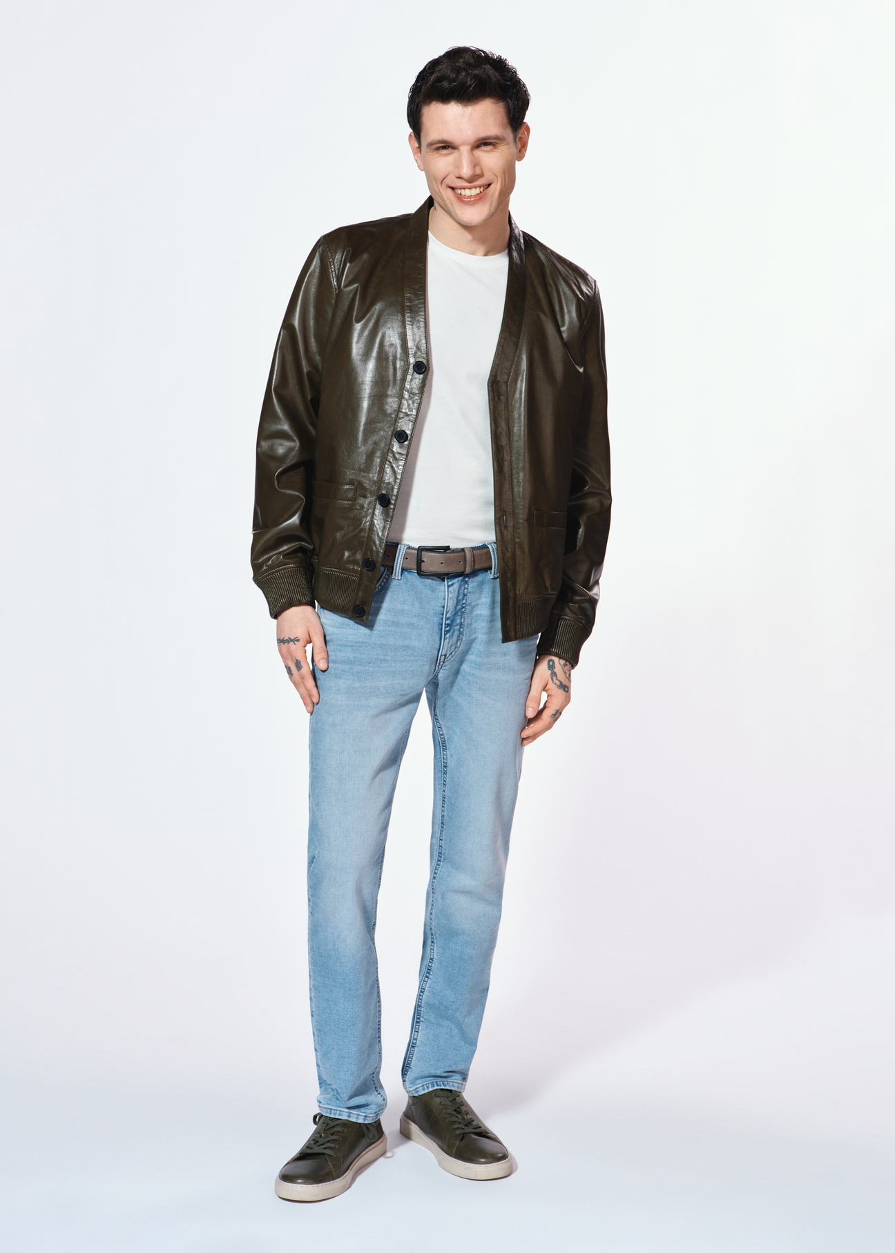 Skórzana kurtka męska khaki KURMS-0371-2855(W25)-03