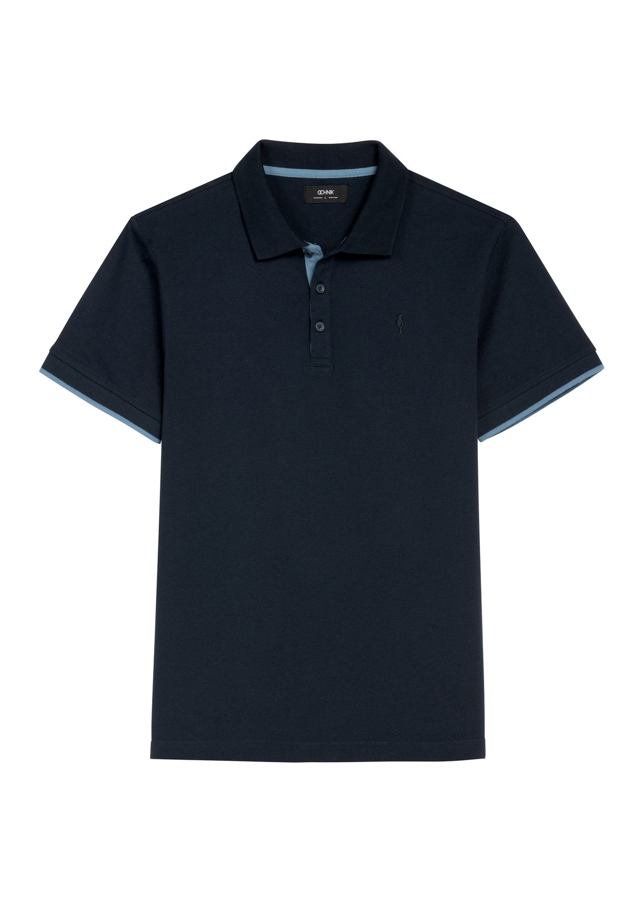Granatowa koszulka polo z bawełny POLMT-0045B-7E(W26), widok produktu z przodu na białym tle.