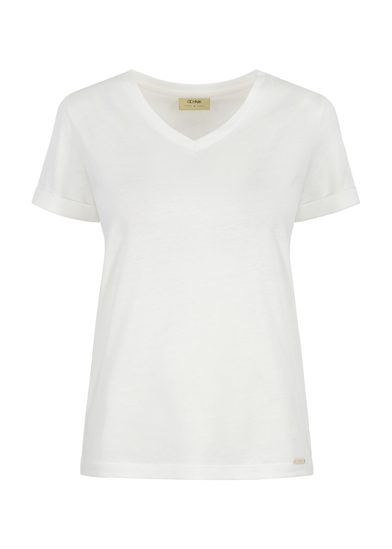 Kremowy T-shirt damski w serek TSHDT-0118-12(W24)-03