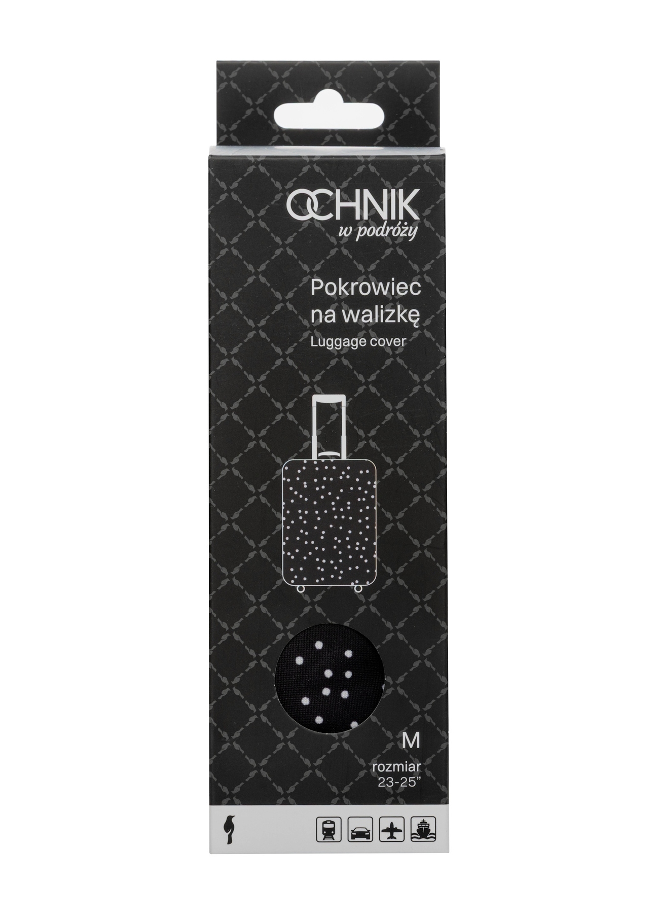 Pokrowiec na średnią walizkę w kropki AW-013-0007-9P-M(W26), widok produktu z przodu w opakowaniu.