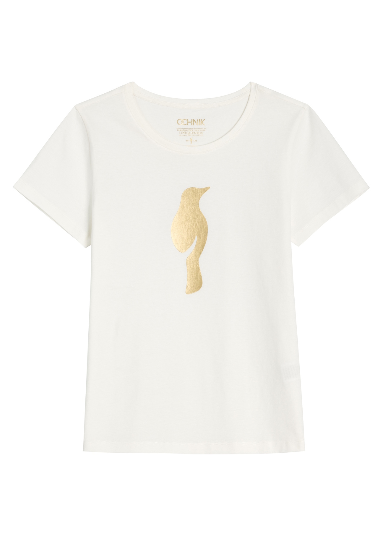 Kremowy T-shirt damski z logo TSHDT-0155-0B(W26), widok produktu z przodu na białym tle.