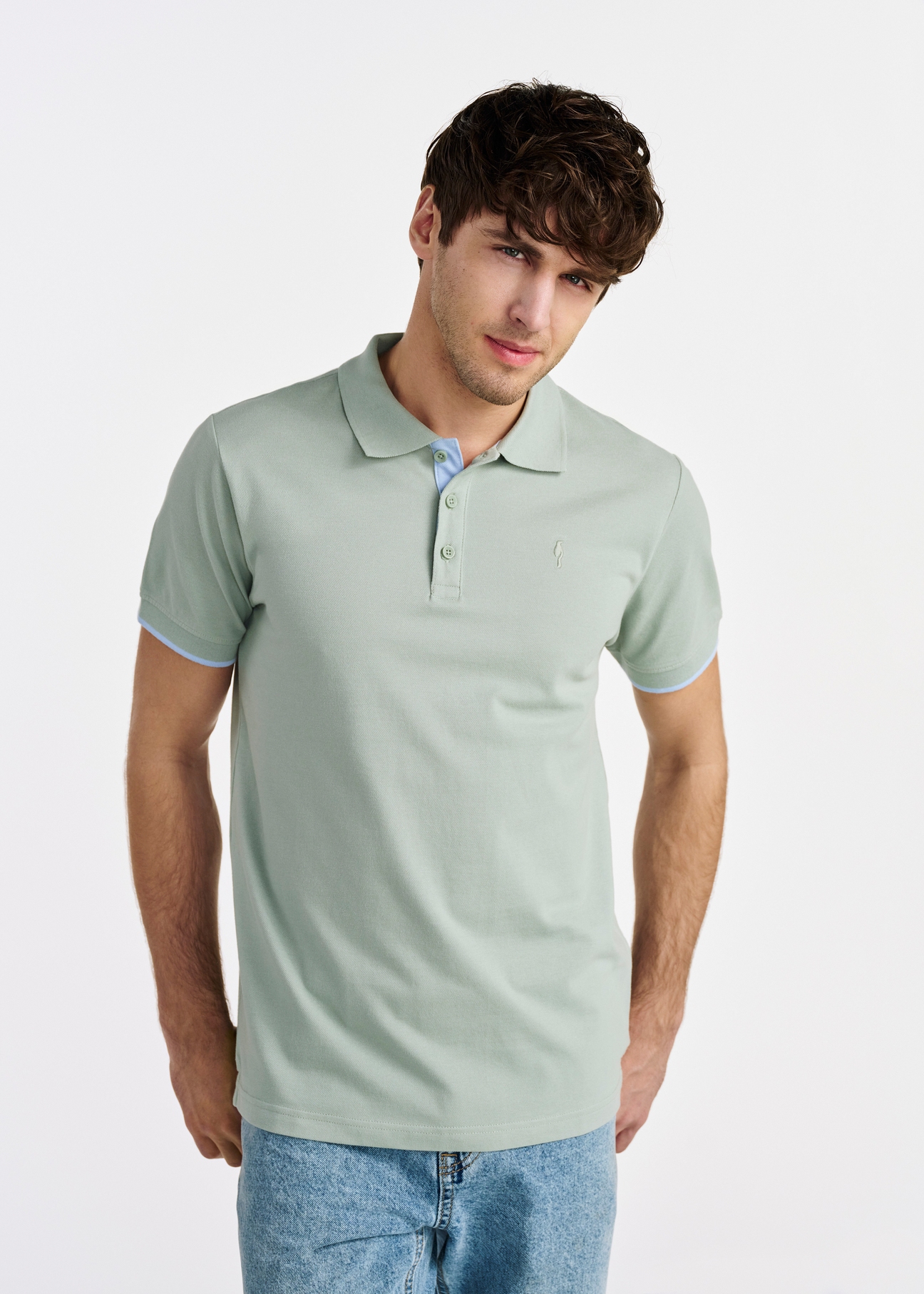 Miętowa koszulka polo męska z bawełny POLMT-0045B-50(W25)-01
