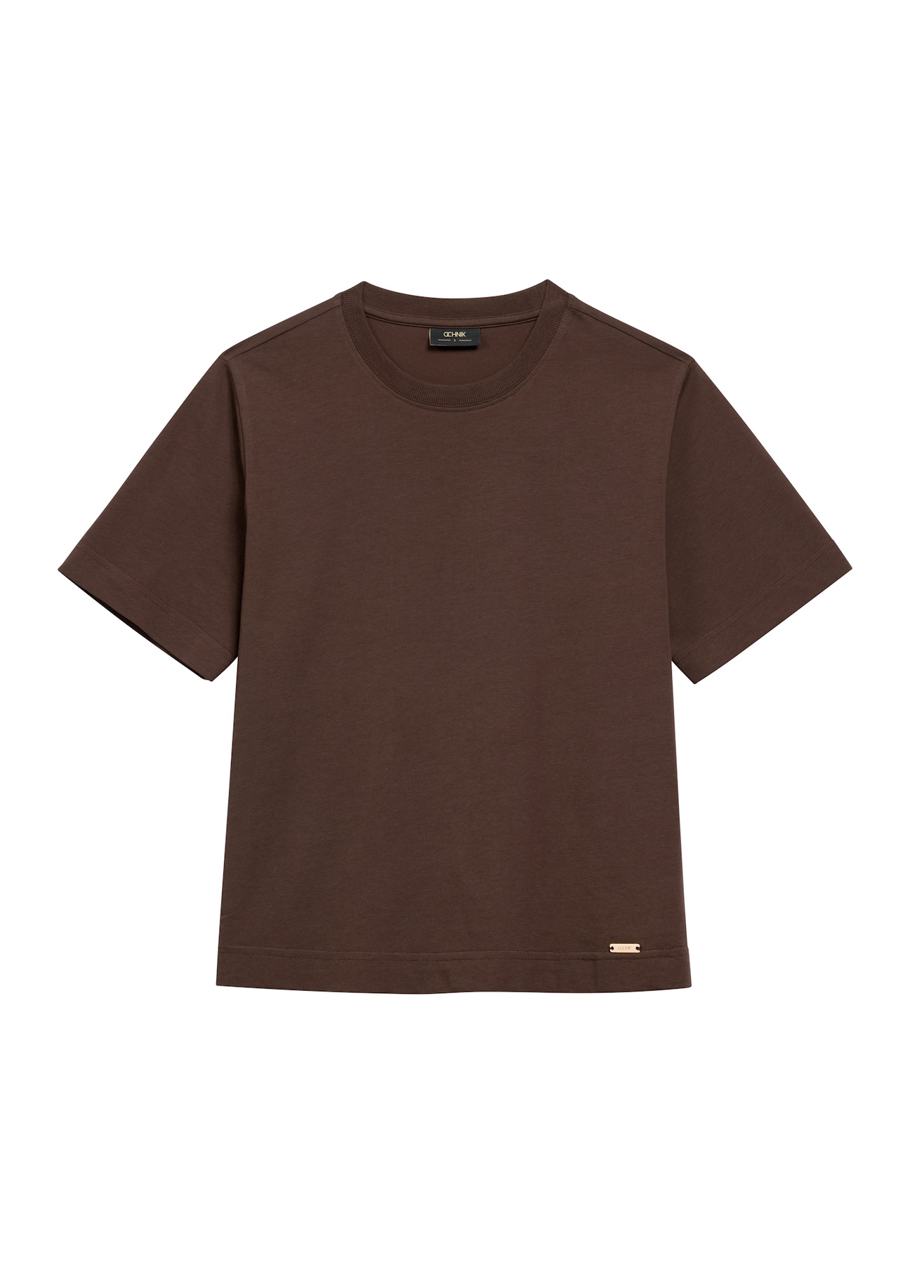 Bawełniany brązowy T-shirt damski TSHDT-0138-1I(W26), widok produktu z przodu na białym tle.