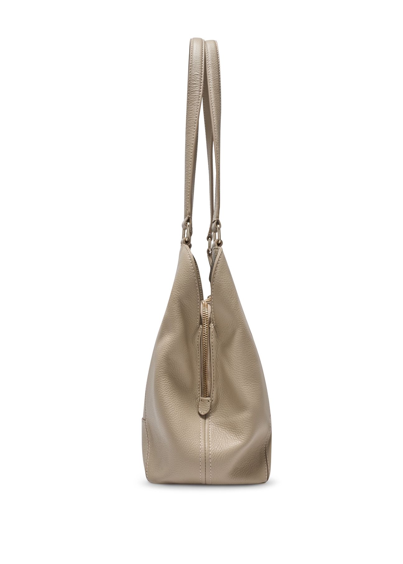 Beżowa skórzana torebka shopper damska TORES-1264-1B(W26), widok produktu z boku na białym tle.