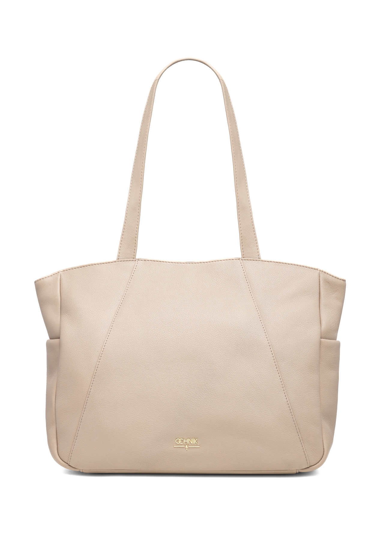 Beżowa skórzana torebka shopper damska TORES-1255-1A(W26), widok produktu od przodu na białym tle.